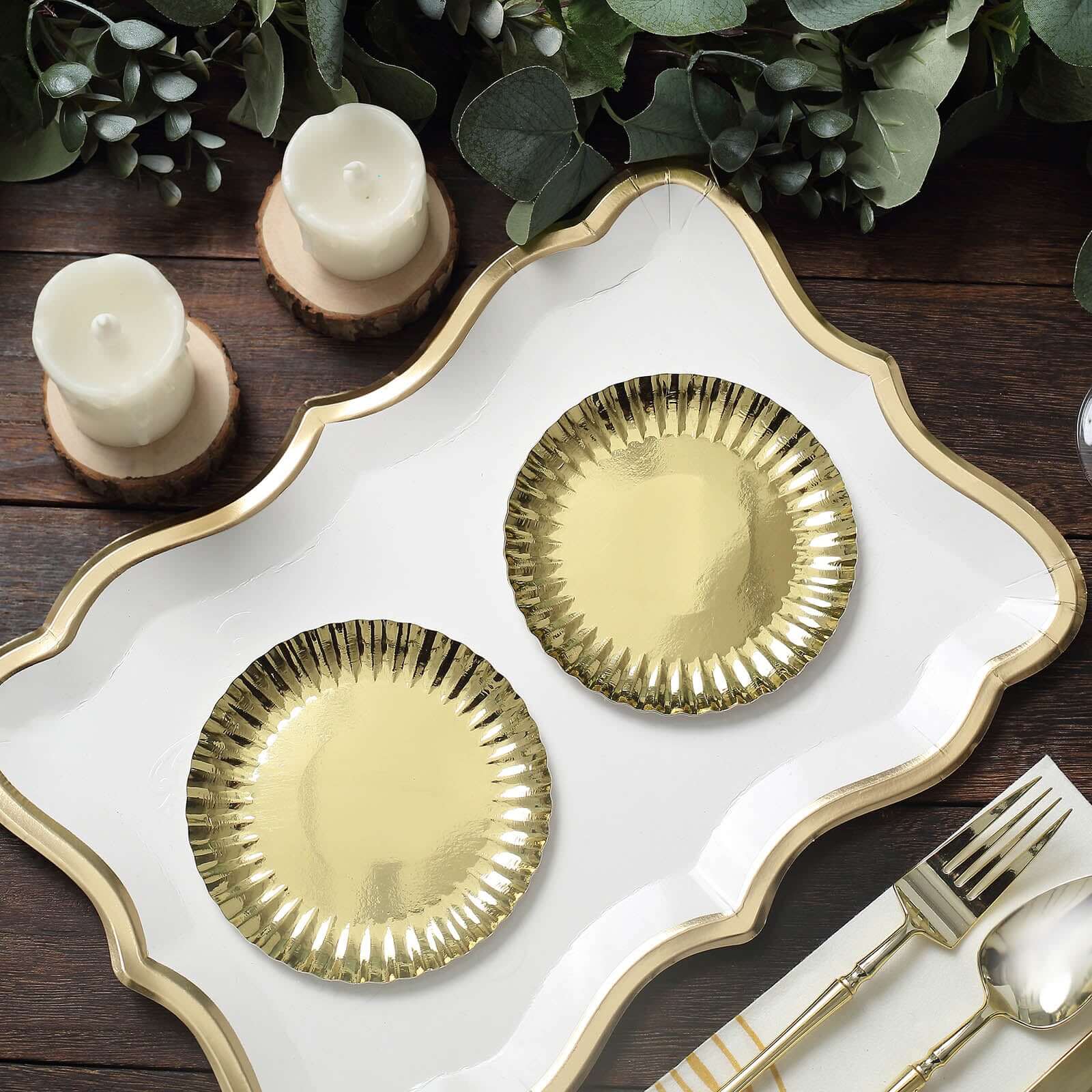 50-Pack Paper 5 Round Dessert Plates in Metallic Gold with Scalloped Rim - Disposable 250GSM Appetizer Party Plates for Banquets & Upscale Gatherings