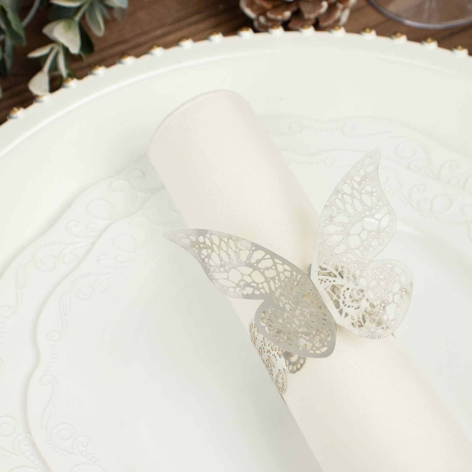 12-Pack Paper Napkin Rings Laser Cut Butterfly Metallic Silver - Decorative Serviette Holders