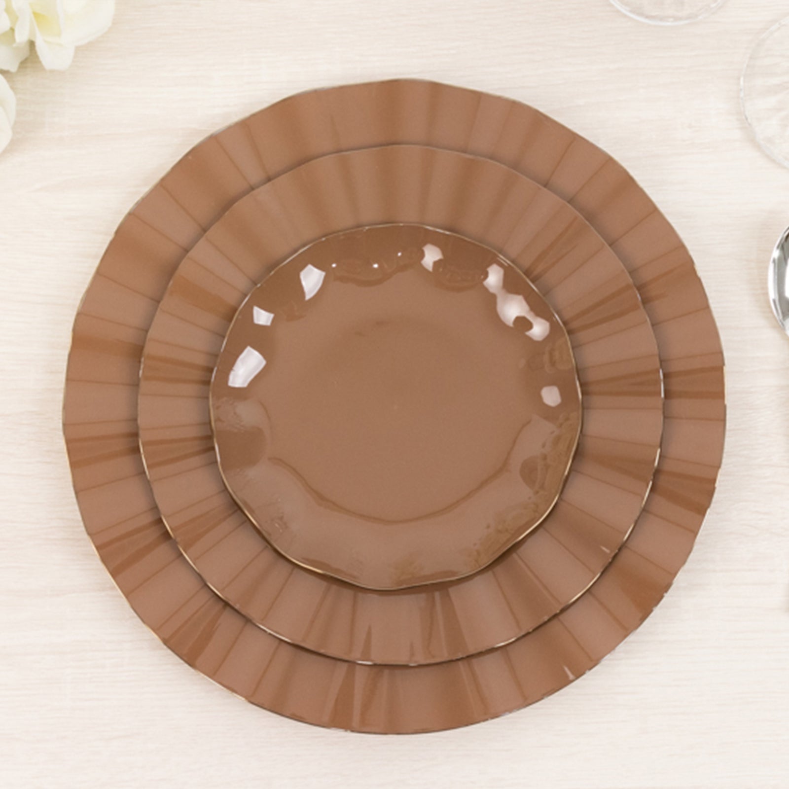 10-Pack Plastic Round 6 Dessert Plates in Coffee Brown Ruffled Rim with Gold Edging - Sturdy Disposable Salad Appetizer Dinnerware