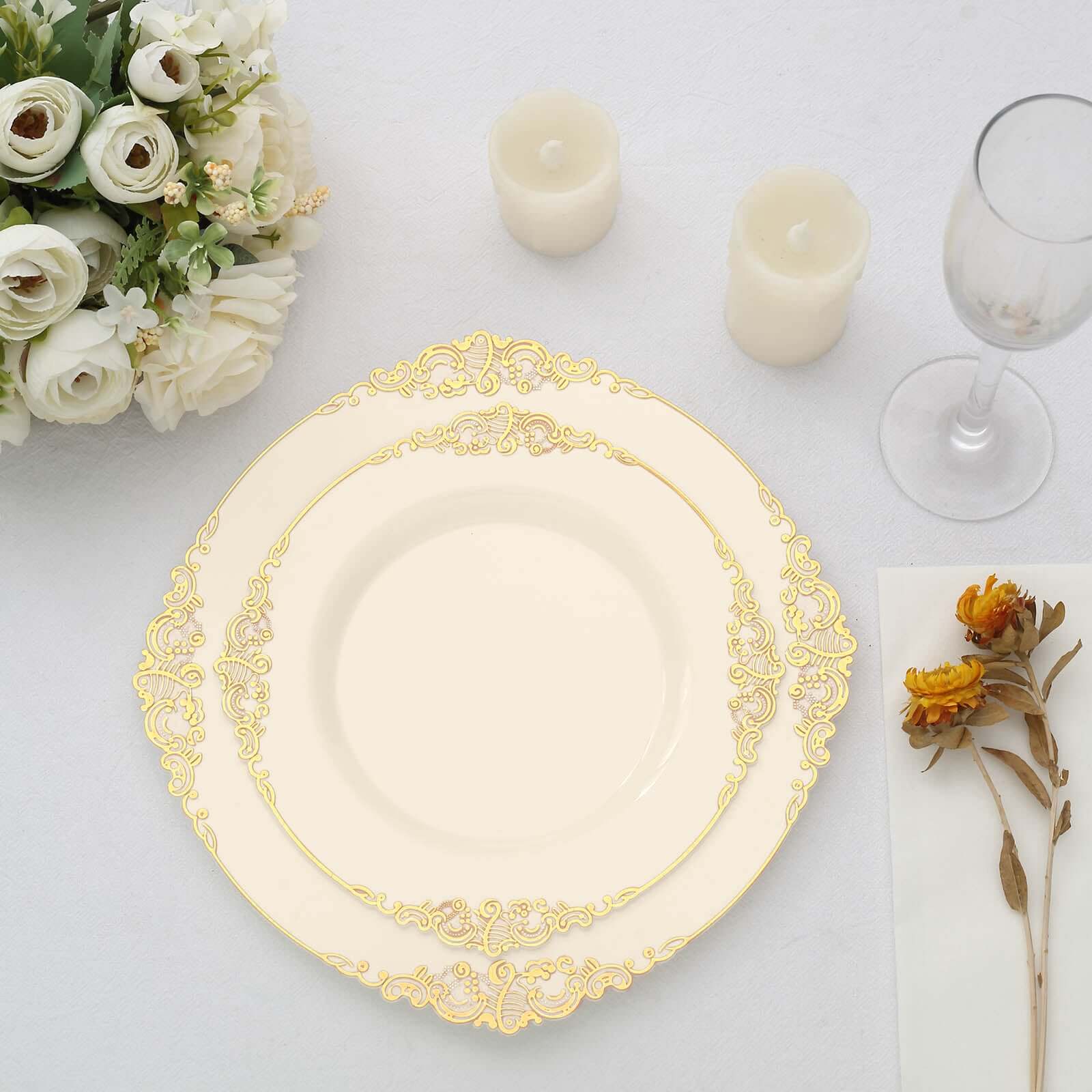 10-Pack Plastic 8 Round Dessert Plates in Ivory with Gold Leaf Embossed Rim - Disposable Vintage Baroque Style Salad Plates