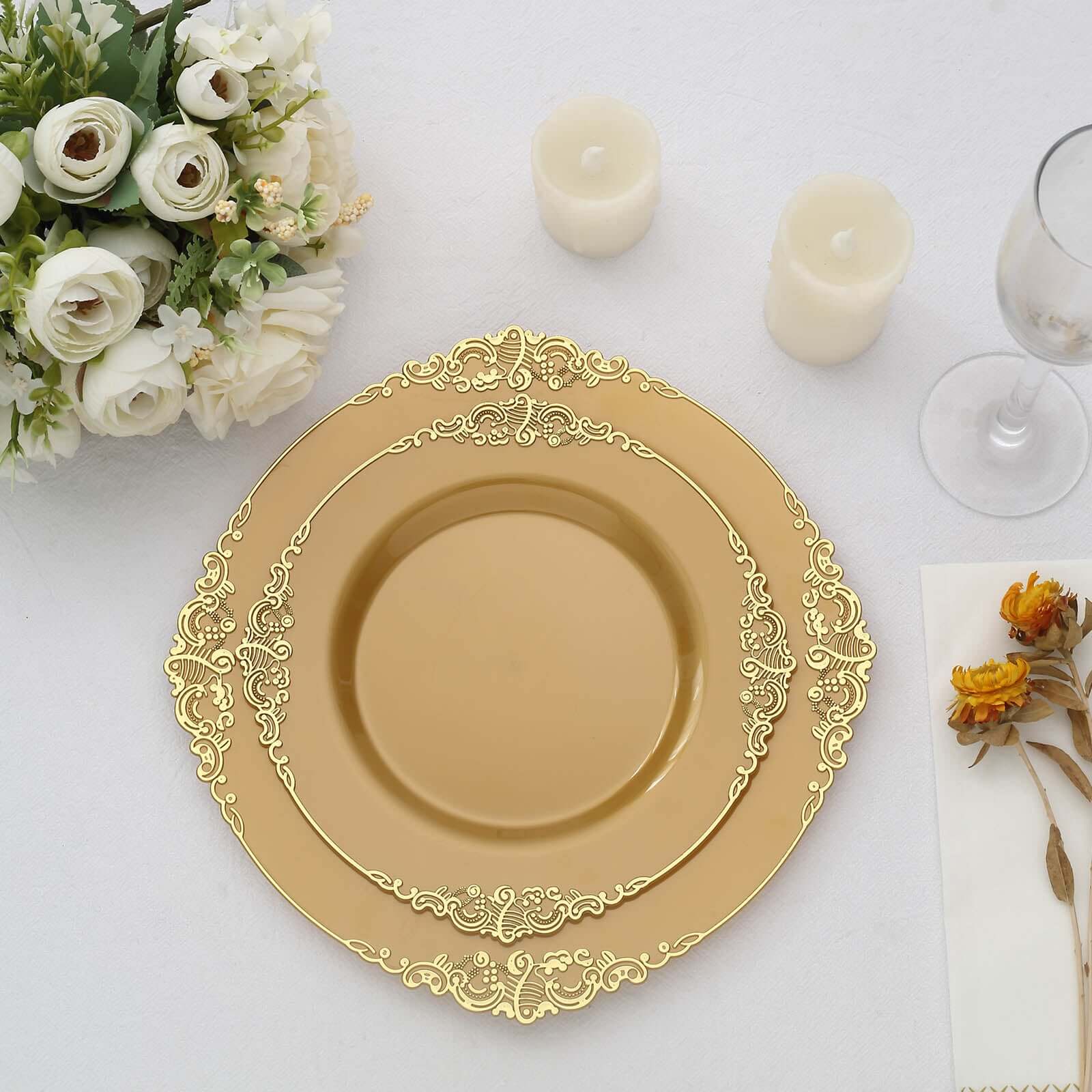 10-Pack Plastic 8 Round Dessert Plates in Gold with Leaf Embossed Rim - Disposable Vintage Baroque Style Salad Plates for Luxurious Gatherings & Events