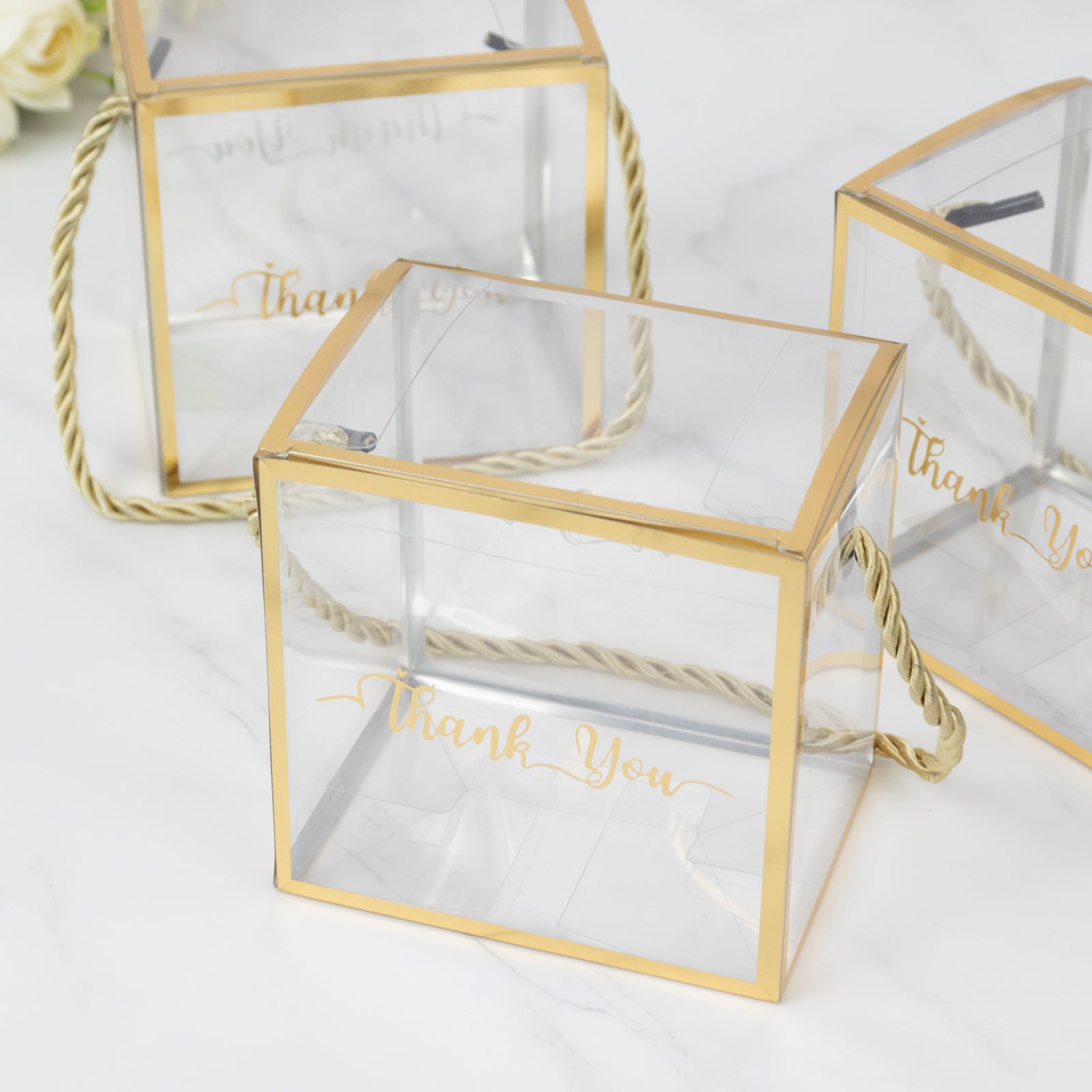 25 Pack Plastic Clear Square Gift Boxes with Gold Trim - Transparent Favor Boxes, Rope Handle, Pre-Printed Thank You Message - 4x4