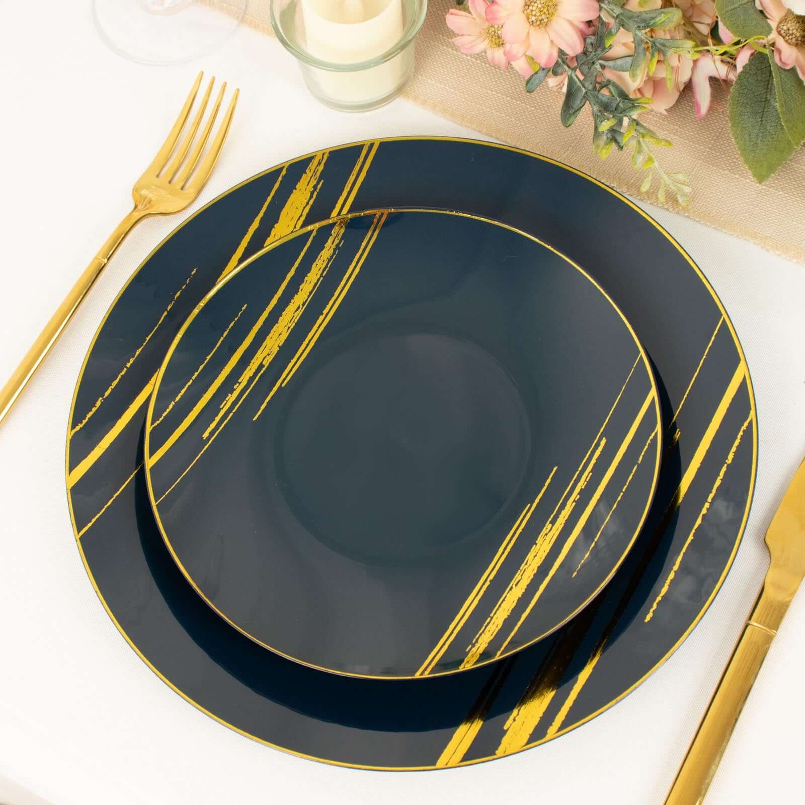 10-Pack Plastic 7 Round Dessert Plates in Navy Blue with Gold Brush Stroked Print - Disposable Appetizer Salad Plates