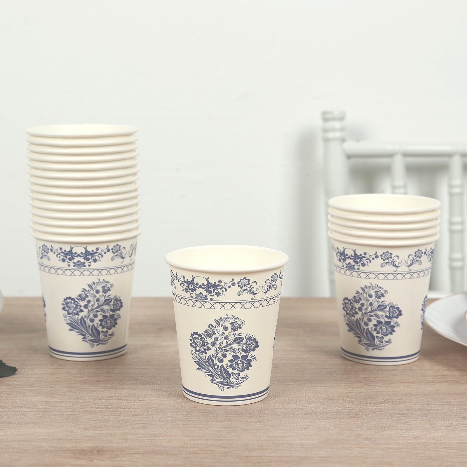 24-Pack Paper Cups in White with Royal Blue Damask Floral Pattern - Stylish Disposable Floral Party Cups for Hot & Cold Beverages 9oz