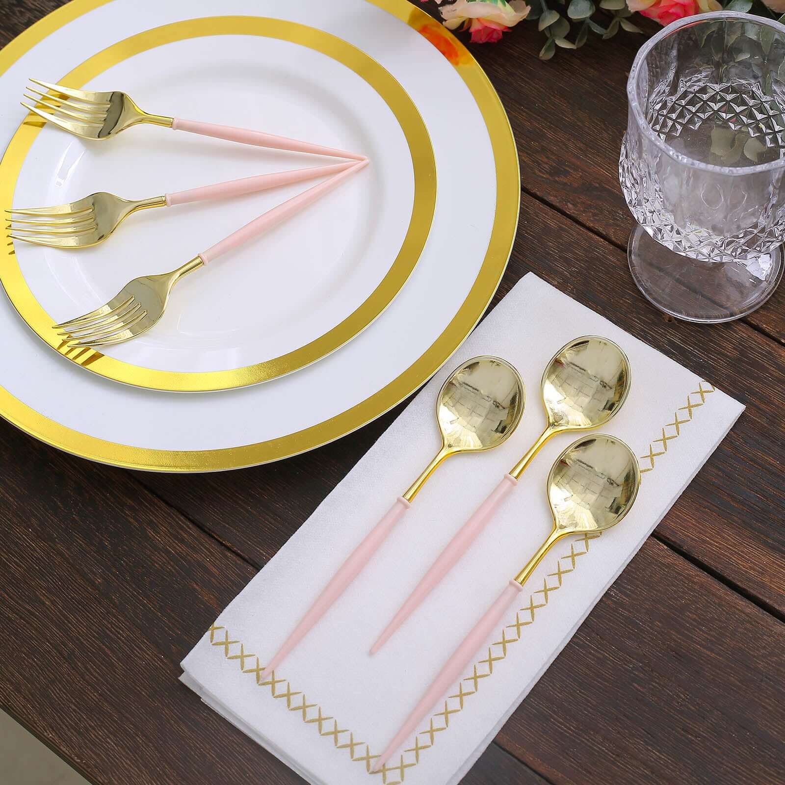 24-Pack Plastic Fork and Spoon Set Gold/Rose Gold - Heavy Duty Disposable Modern Utensils 6