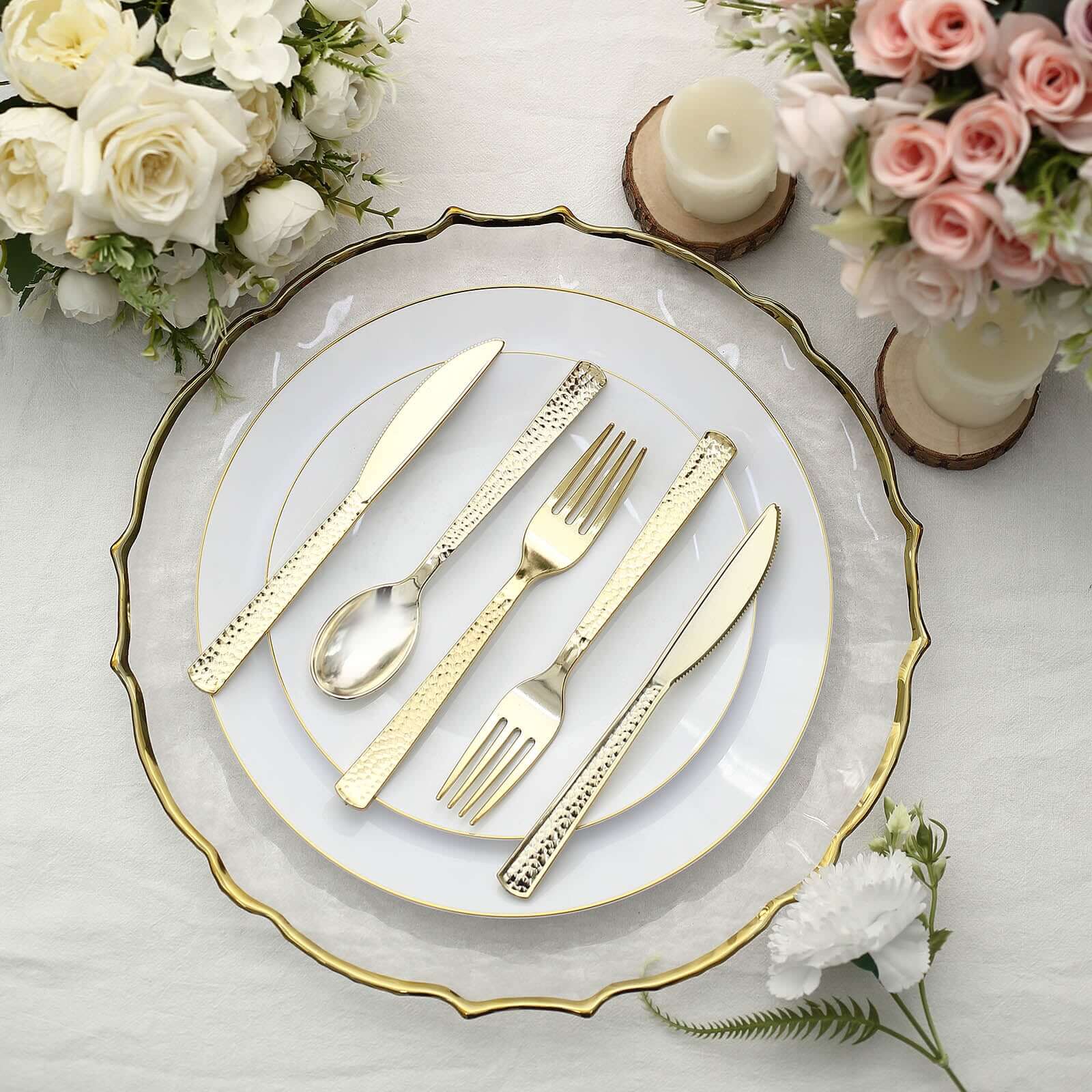 24-Pack Plastic Silverware Set with Hammered Design Gold - Heavy Duty Disposable Utensils 7