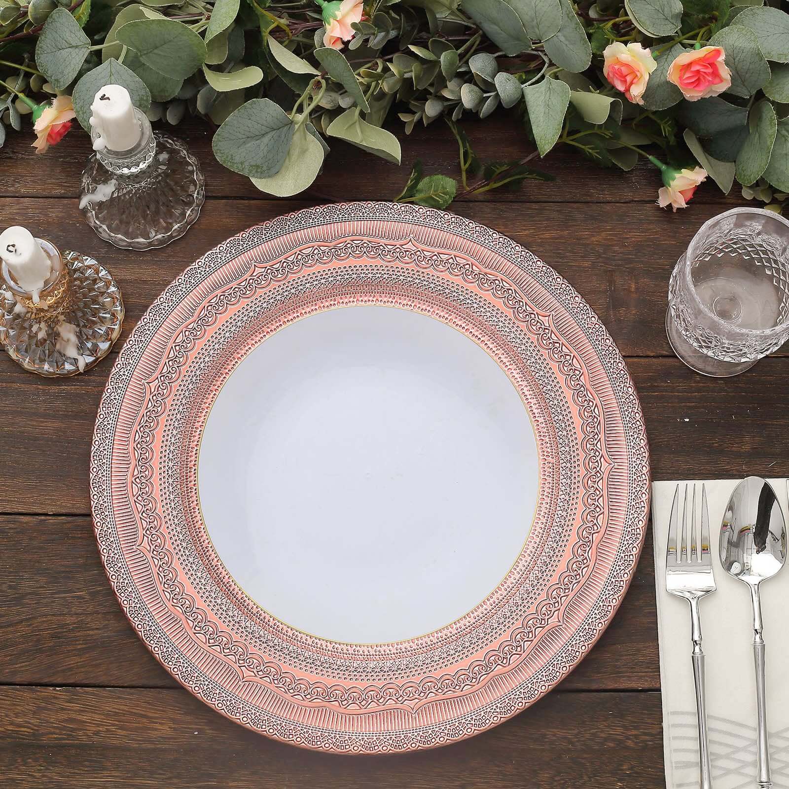 6-Pack Acrylic Round Charger Plates 13 in Rose Gold with Lace Embossed Rim, Rustic Plastic Decorative Charger Tableware