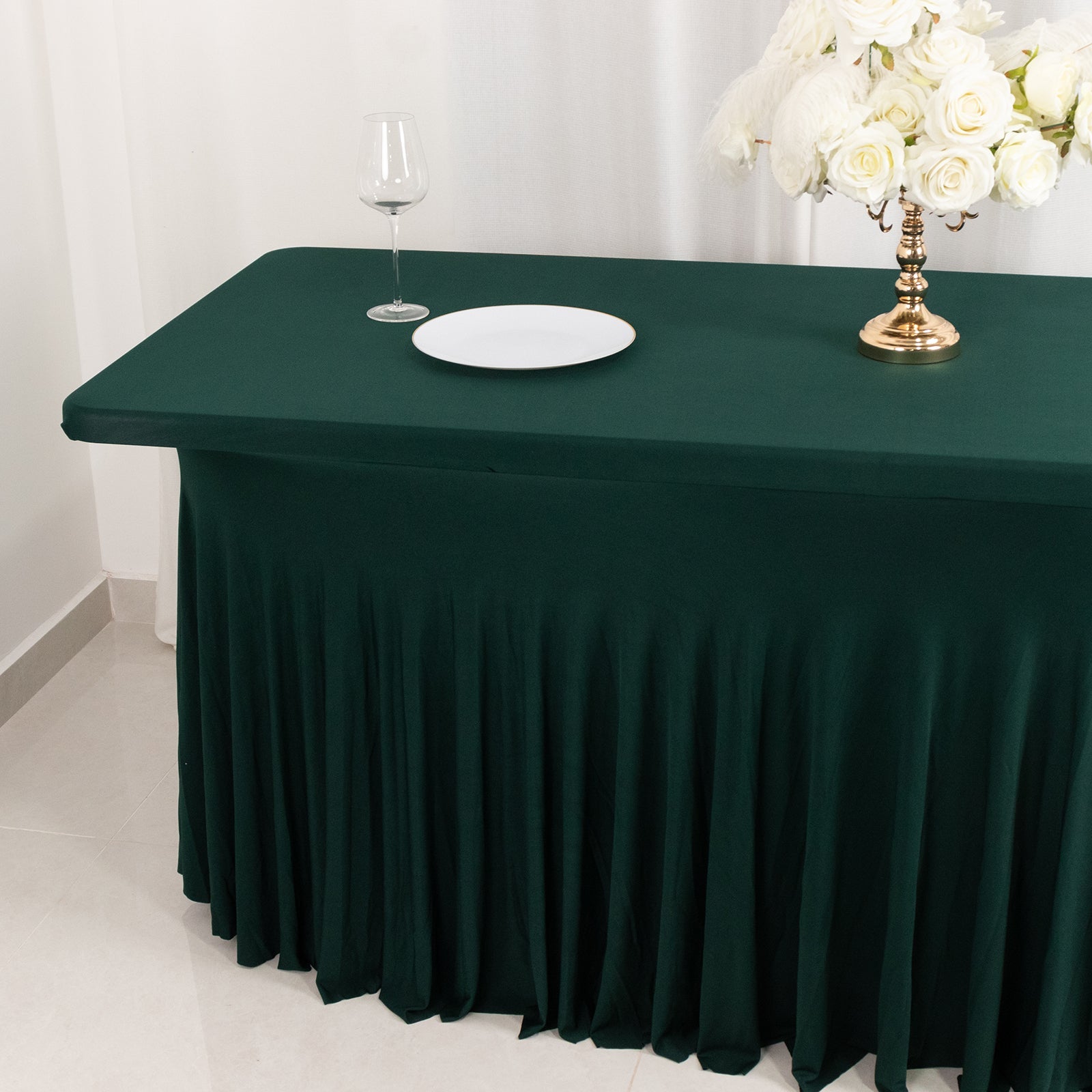 Spandex Rectangle 72x30 Table Skirt Hunter Emerald Green with Wavy Skirt-Like Effect Table Cover