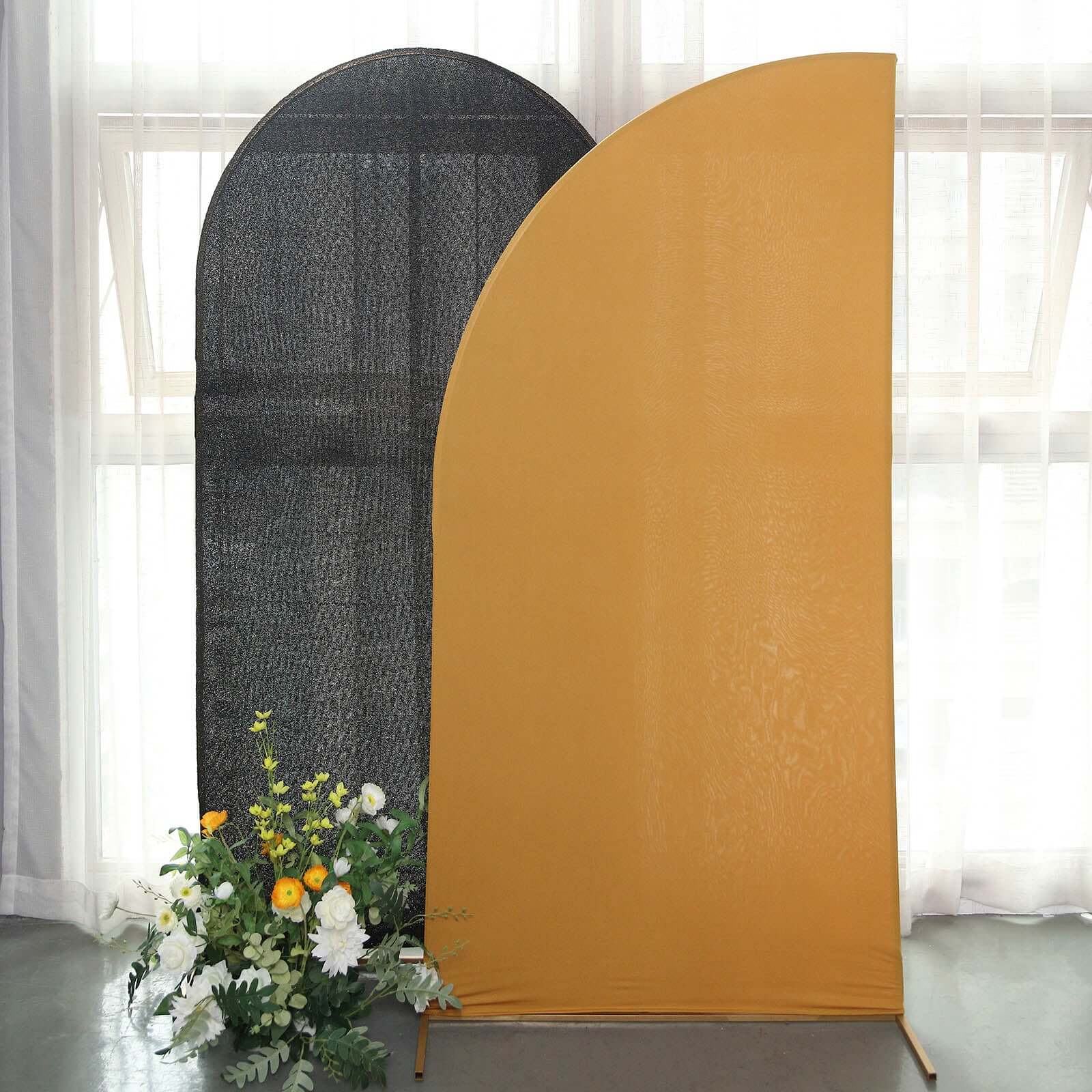 7ft Matte Gold Spandex Half Moon Chiara Backdrop Stand Cover, Custom Fitted Wedding Arch Cover