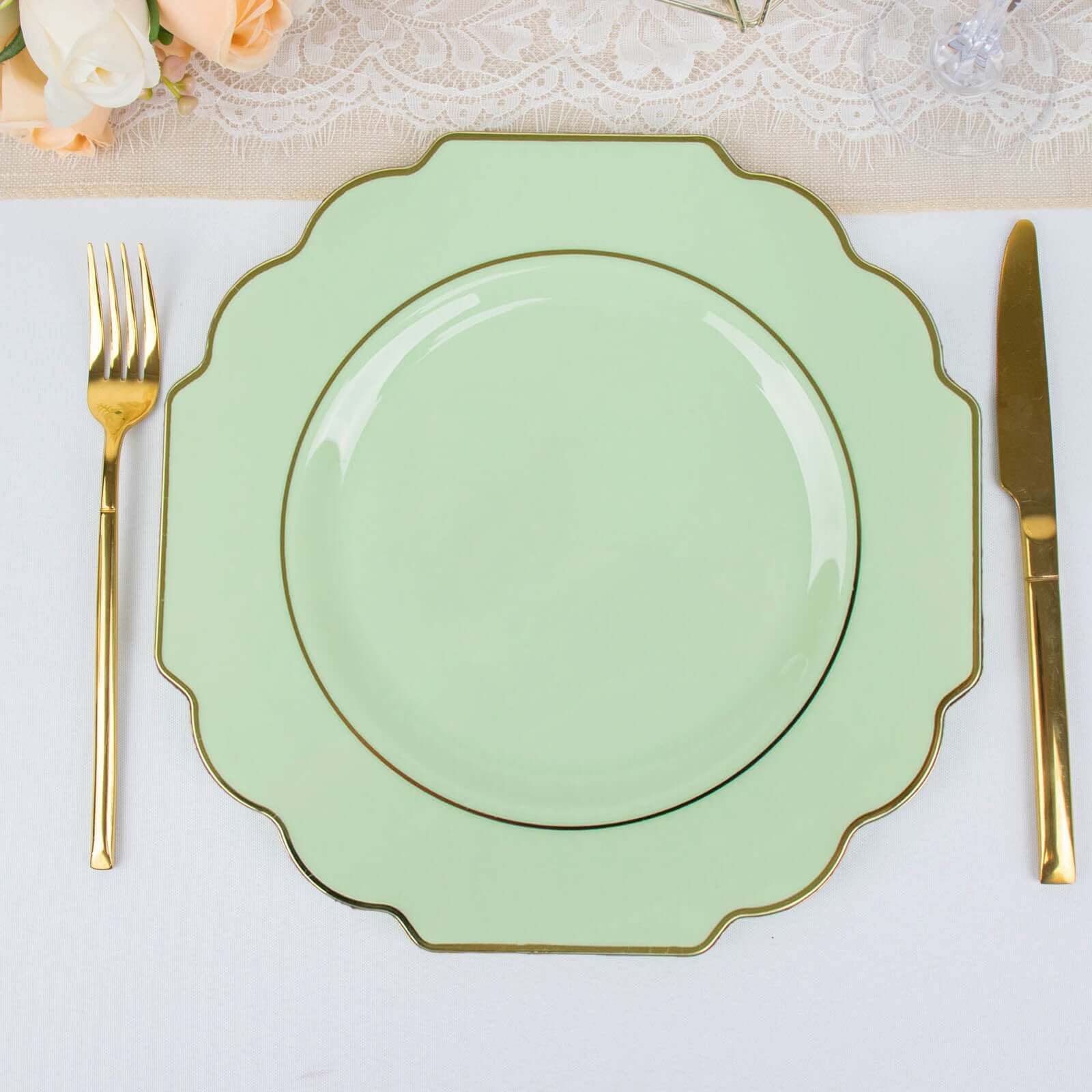 10-Pack Plastic Dinner Plates in Sage Green Baroque Design with Scalloped Gold Rim - Heavy Duty Disposable Party Plates 11