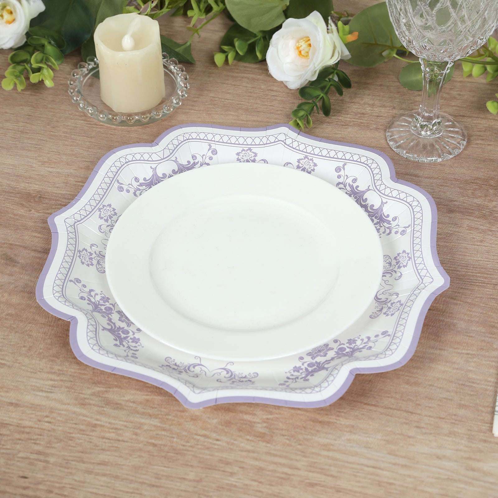 25-Pack Paper Dinner Plates in White with Lavender Lilac French Toile Print & Scallop Rim - Stylish Disposable 300GSM Floral Party Plates 10