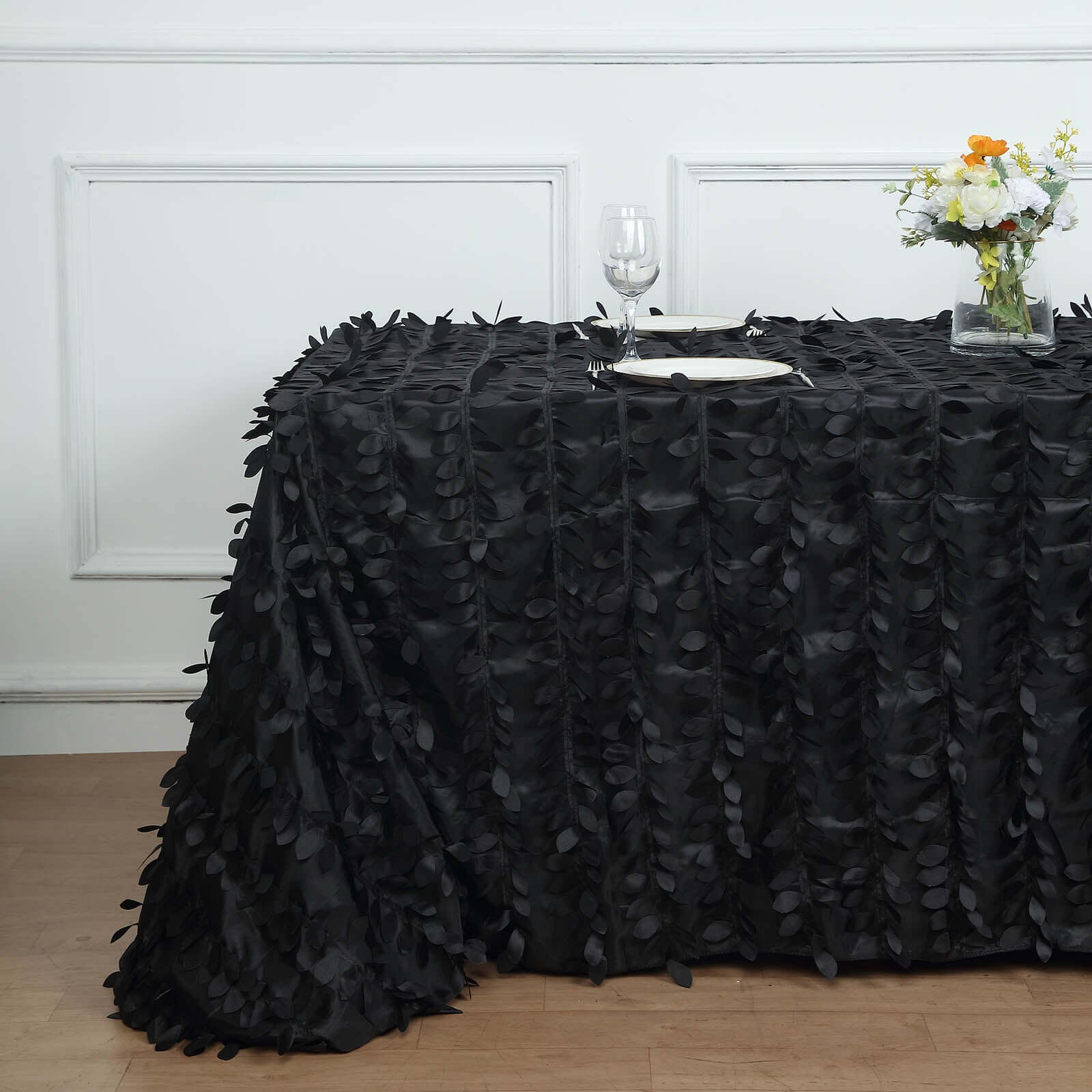 Taffeta 90x156 Rectangle Tablecloth Black | 3D Leaf Petal Design Seamless Table Cover