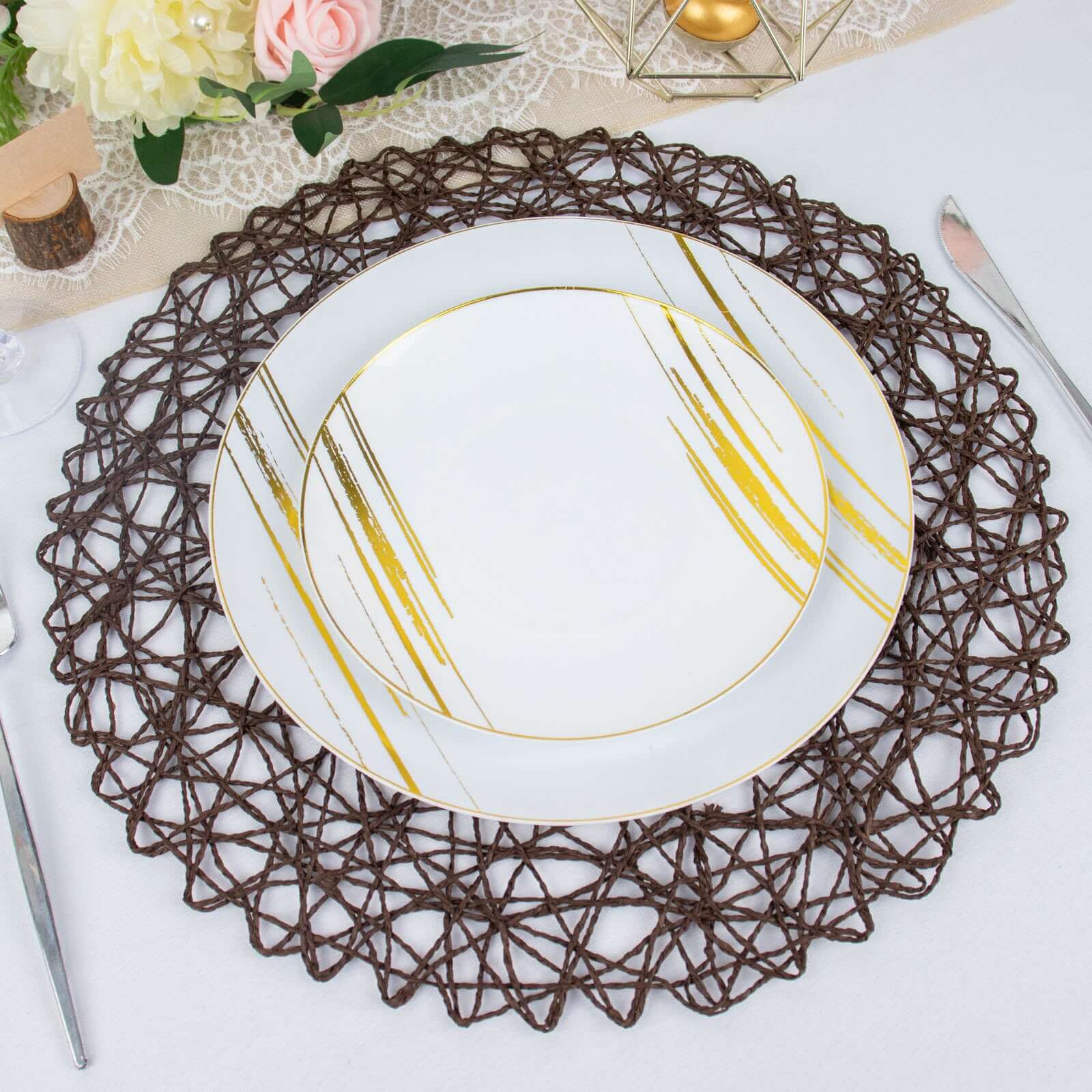 6-Pack Table Placemats Woven Fiber Design Dark Brown Round - Disposable Mats for Dining and Events 15