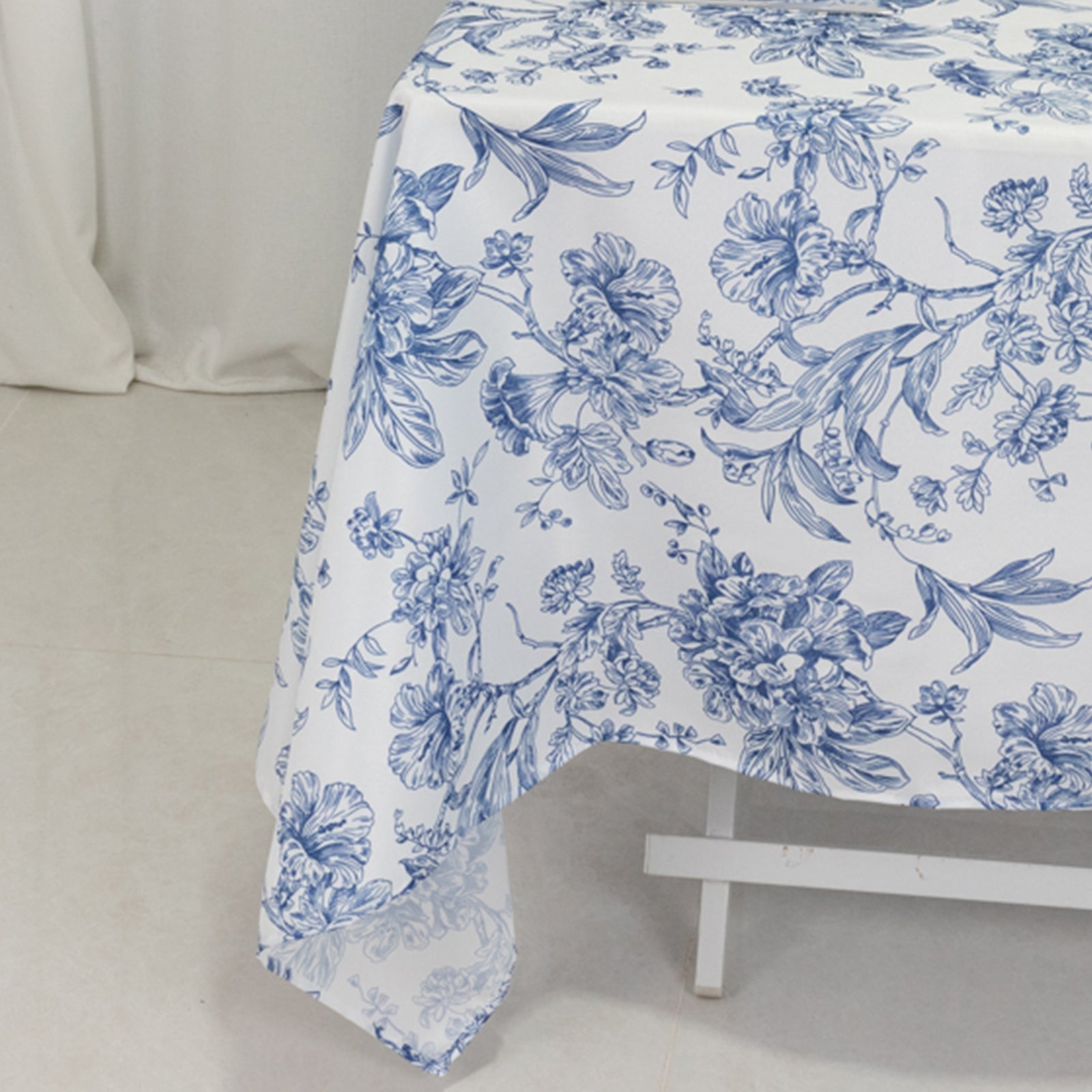 Polyester 70x70 Square Tablecloth White - Blue French Toile Pattern for Sophisticated Settings