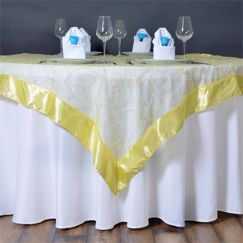 60x60 Yellow Embroidered Sheer Organza Square Table Overlay With Satin Edge