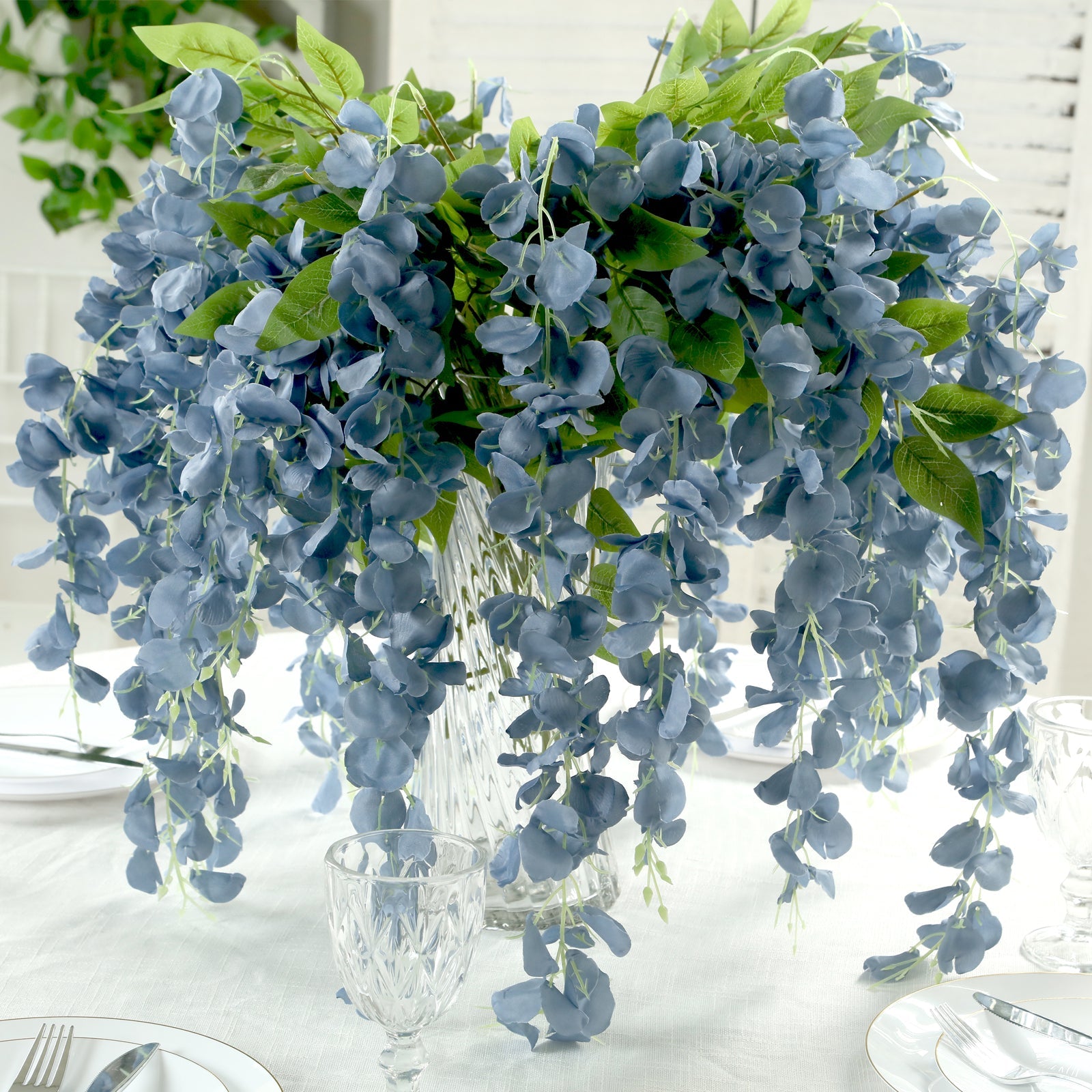 5 Pack 44 Silk Hanging Wisteria Flower Garland Vines in Dusty Blue, Elaborated 3 Full Strands in 1 Bush