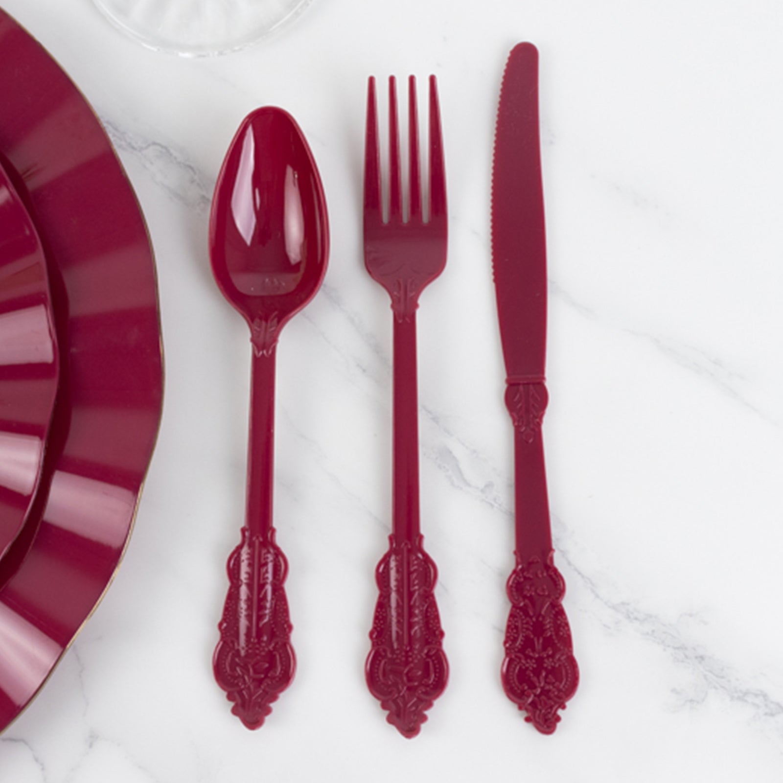 72 Pcs Plastic Silverware Set in Baroque Style Burgundy - Heavy Duty Disposable Knife, Fork, and Spoon Set