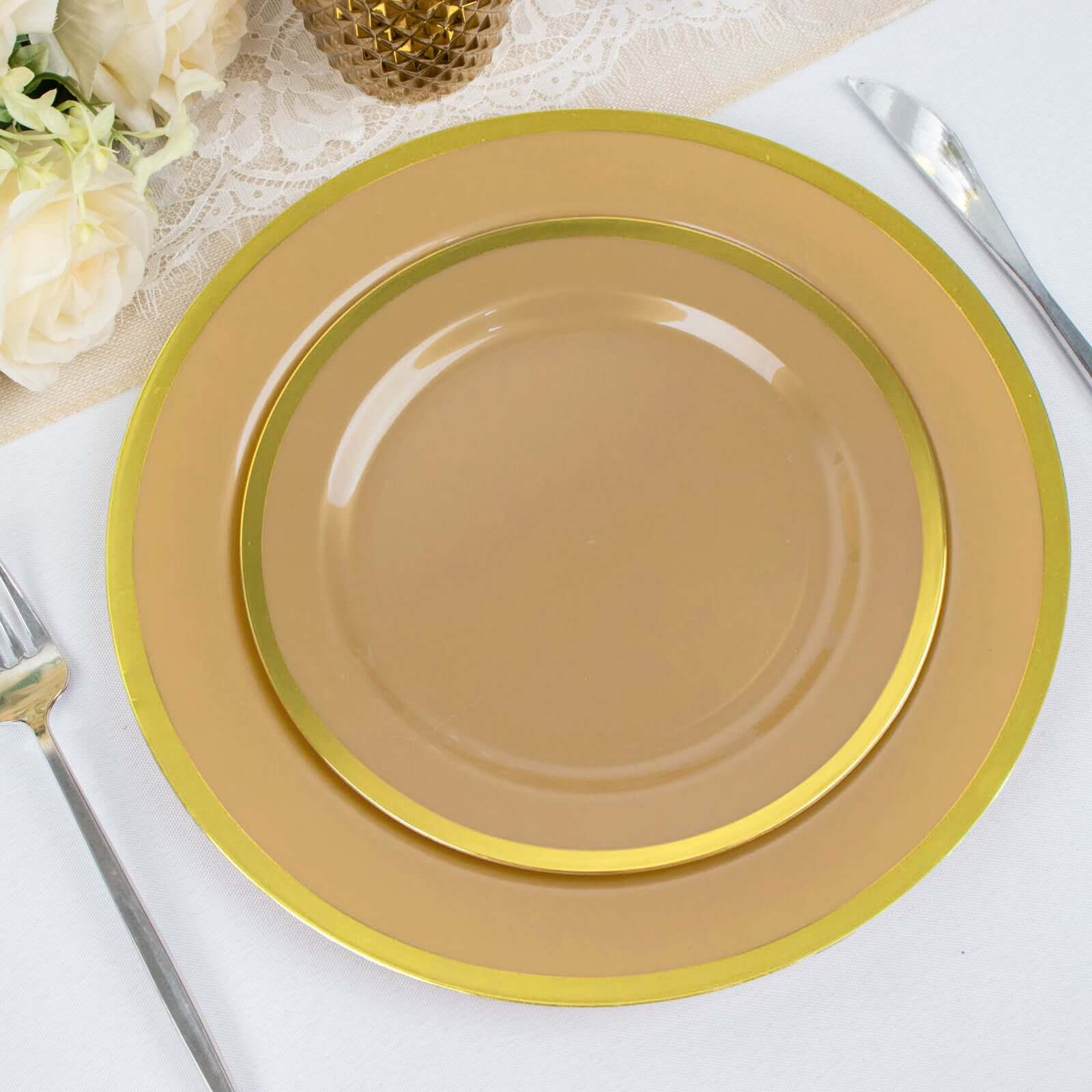 10-Pack Plastic 7 Round Appetizer Plates in Gold with Gold Rim - Sleek Disposable Salad Plates for Banquets & Special Occasions