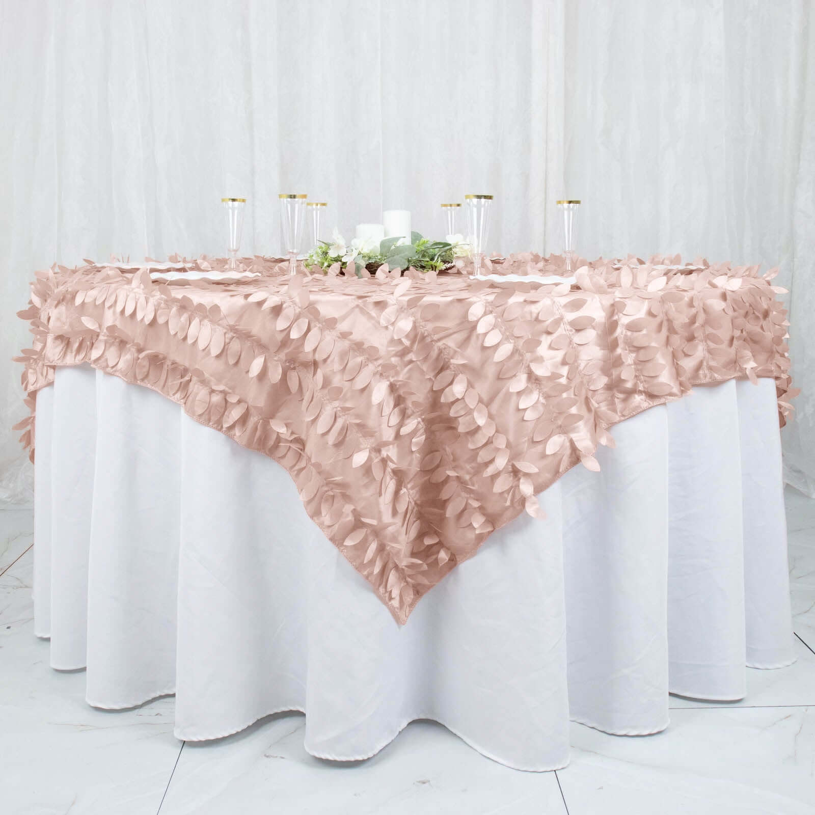 Taffeta 72x72 Table Overlay Square Tablecloth Dusty Rose - 3D Leaf Petal Table Cover