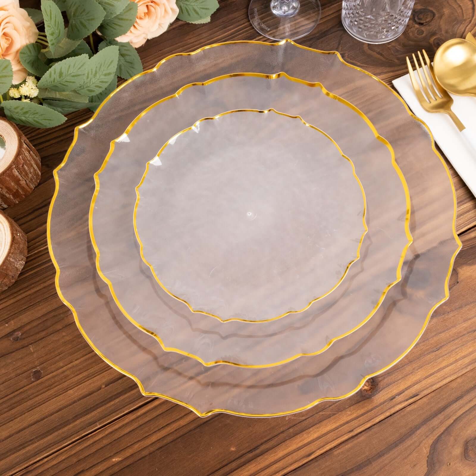 18 Pack Economy Plastic Round Charger Plates 13 in Clear Sunflower Design with Gold Scalloped Rim - Table Setting Plates