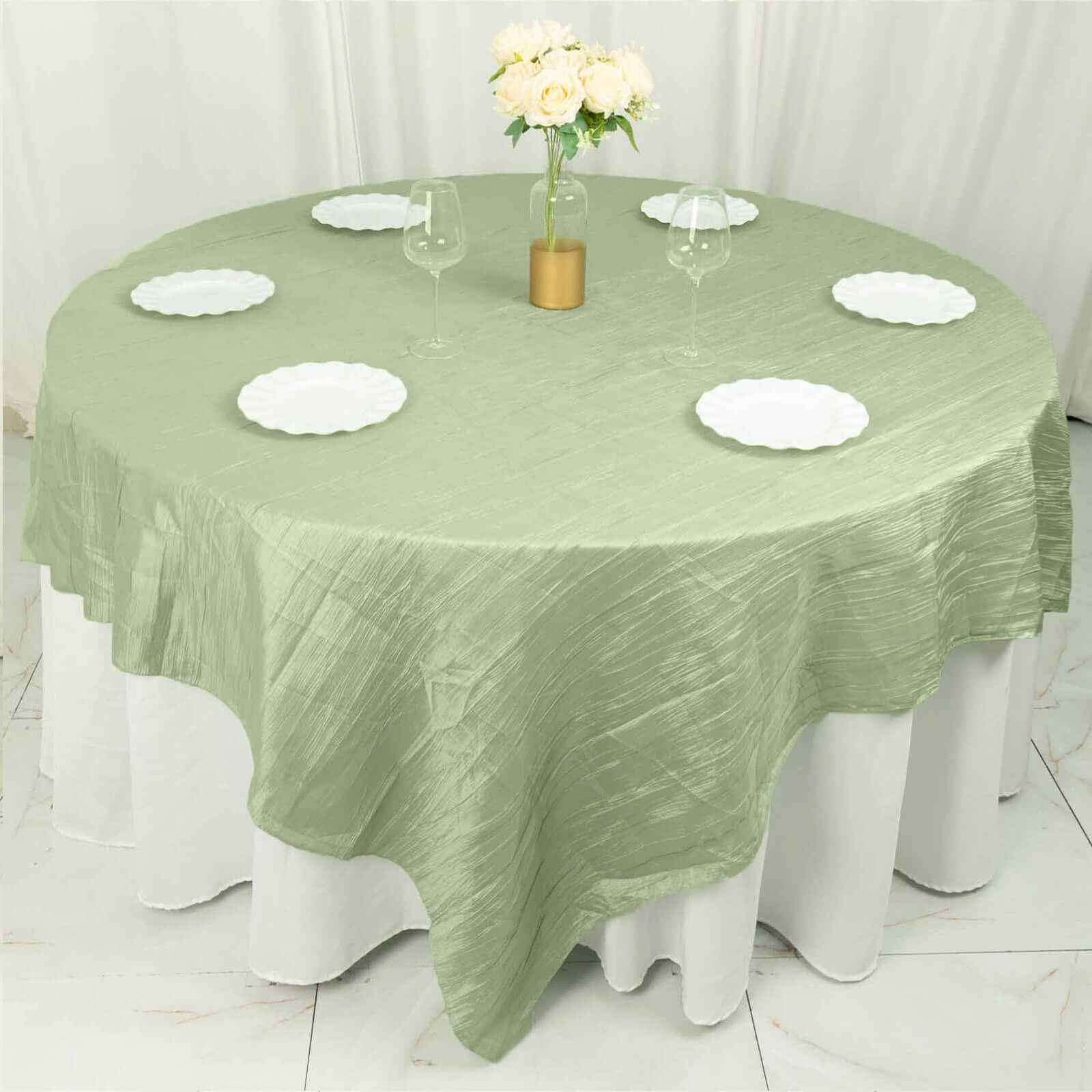 Taffeta 90x90 Table Overlay Square Tablecloth Sage Green - Accordion Crinkle Table Cover