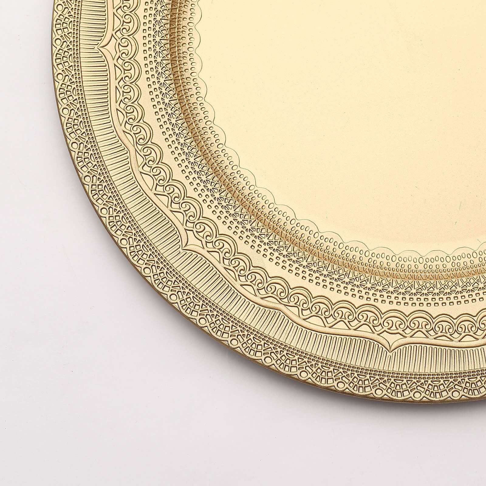 6-Pack Acrylic Round Charger Plates 13 in Gold with Lace Embossed Rim, Rustic Plastic Decorative Charger Tableware