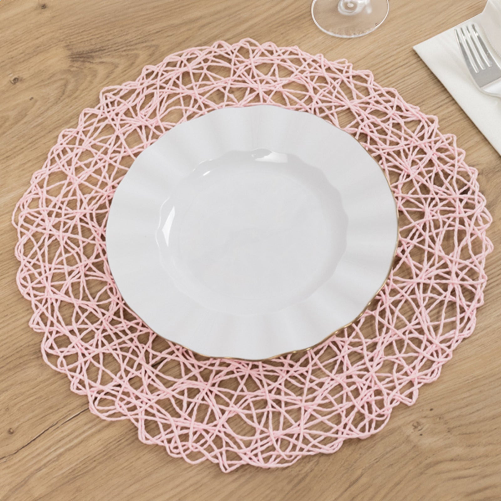 6-Pack Table Placemats Woven Fiber Design Blush Round - Disposable Mats for Dining and Events 15