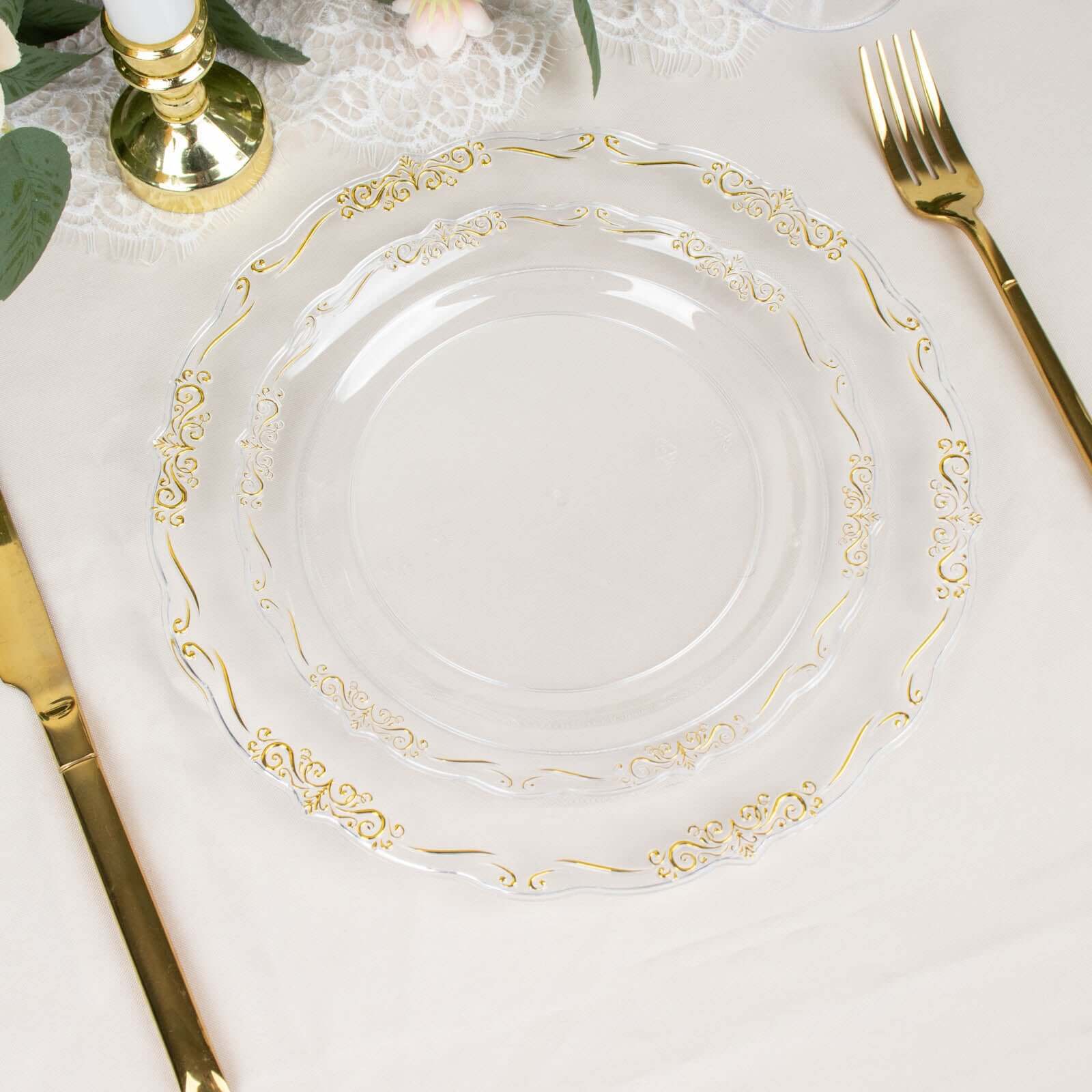 10-Pack Plastic 7 Round Dessert Plates in Clear with Gold Vintage Embossed Rim - Sturdy Disposable Scalloped Edge Salad Plates for Sophisticated Events & Celebrations