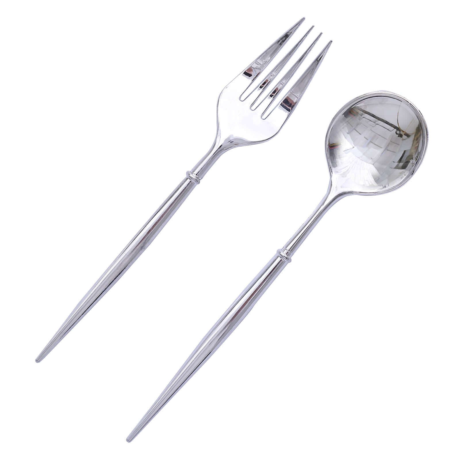 24-Pack Plastic Fork and Spoon Set Metallic Silver - Heavy Duty Disposable Modern Utensils 6