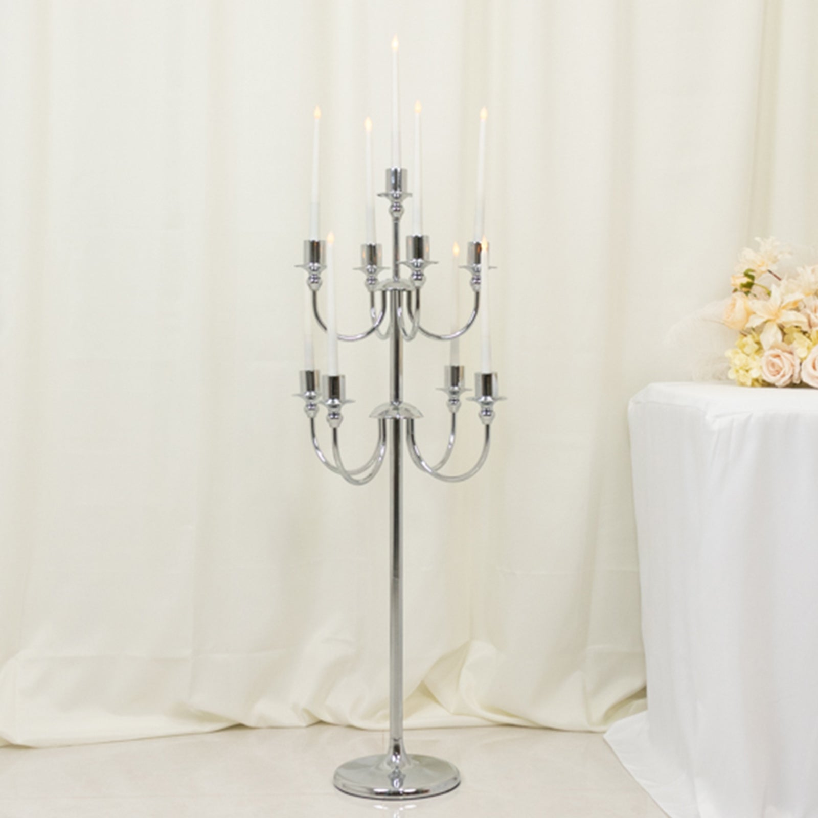 Metal Floor Candelabra Candle Holder, 9-Arm Vintage Taper Stand Silver Table Centerpiece for Weddings & Parties 46 Tall