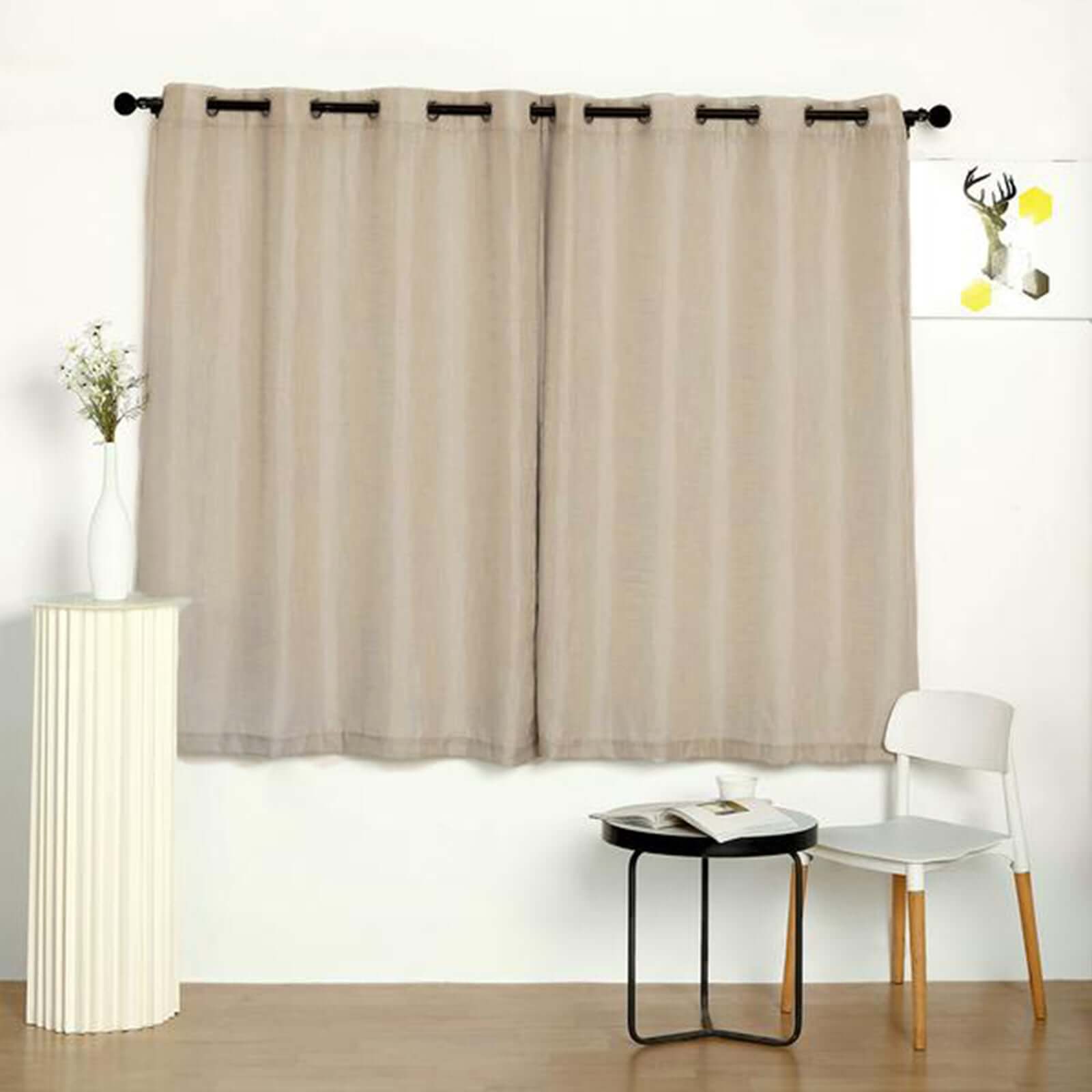 2 Pack Handmade Beige Faux Linen Curtains 52x64, Curtain Panels With Chrome Grommets