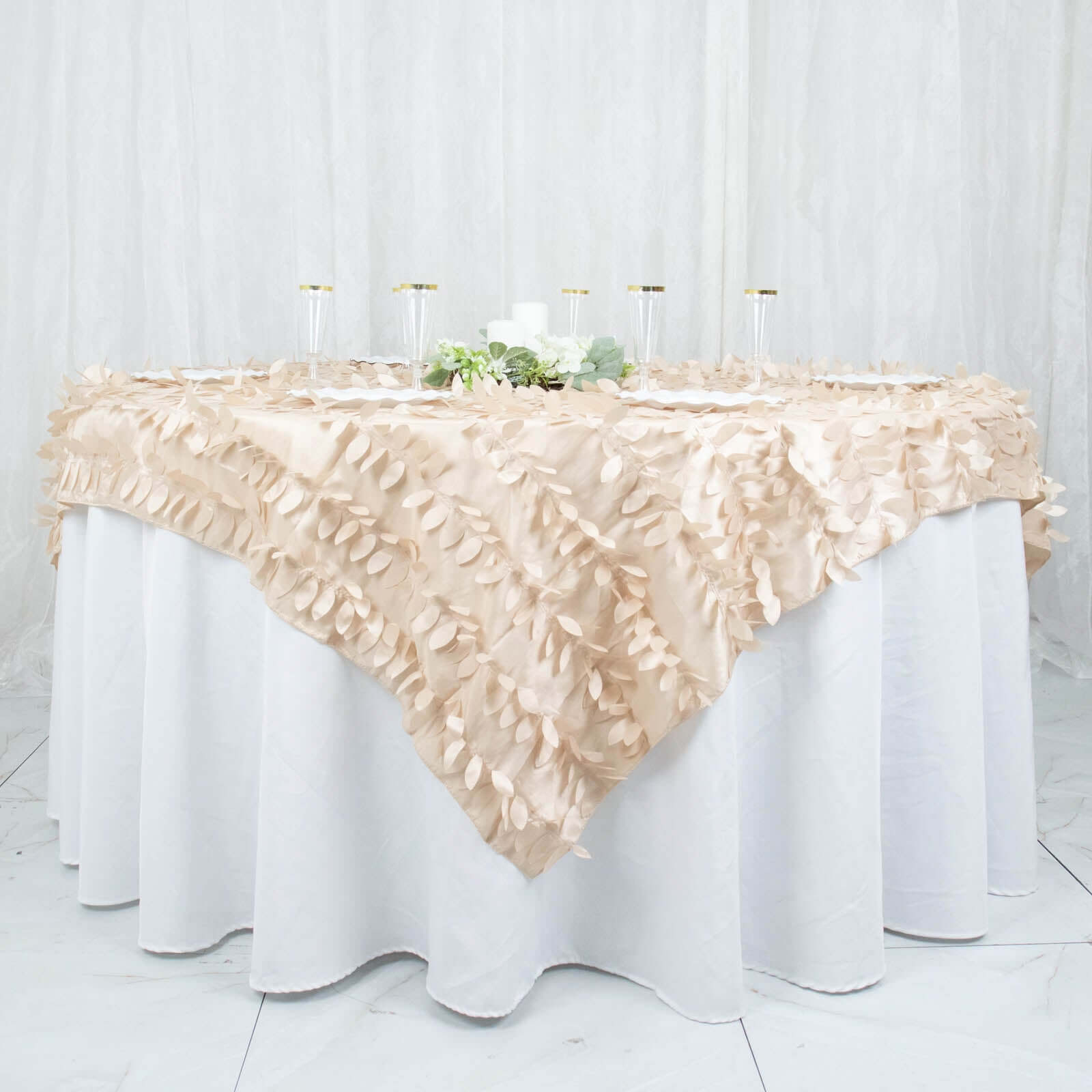 Taffeta 72x72 Table Overlay Square Tablecloth Beige - 3D Leaf Petal Table Cover