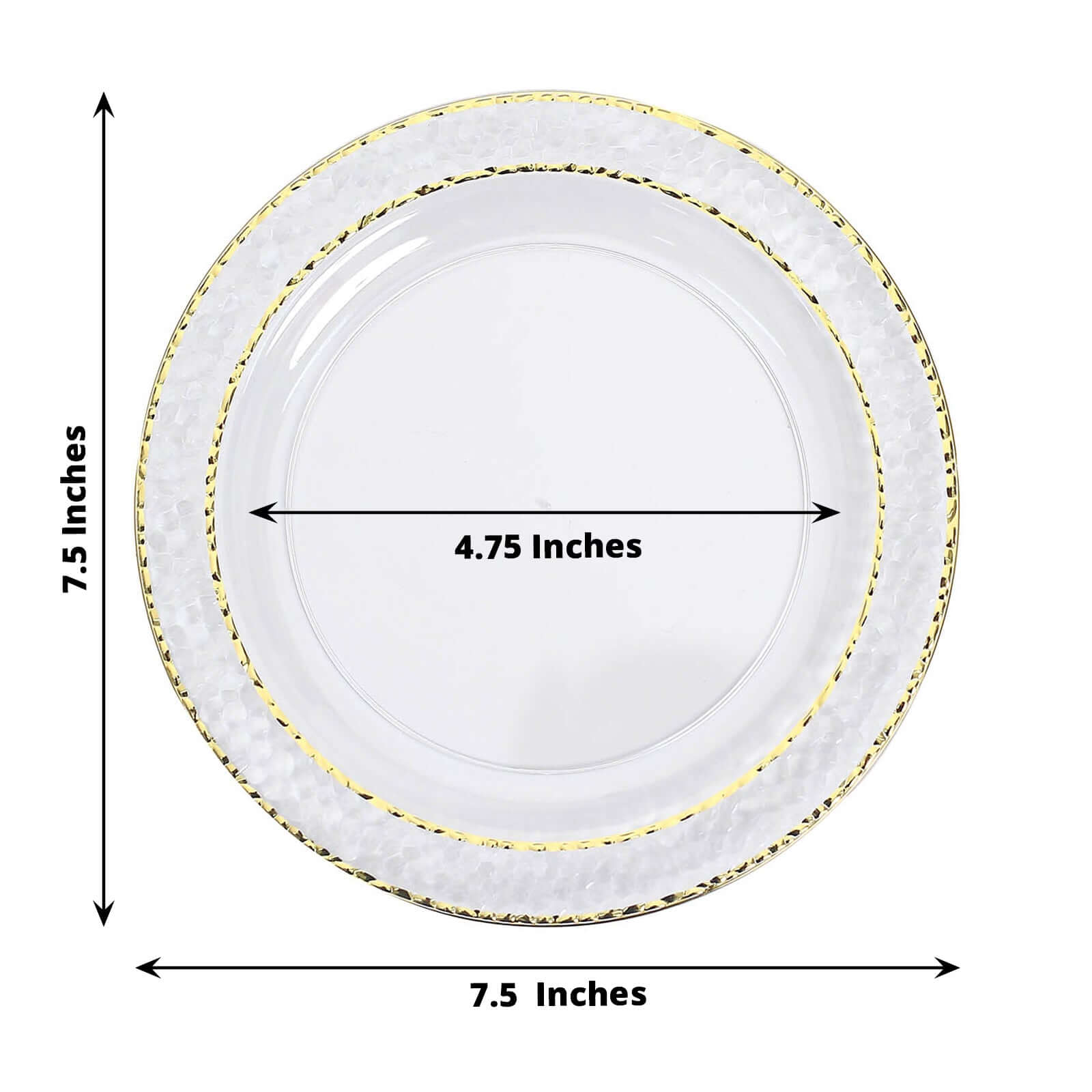 10-Pack Plastic 7.5 Round Appetizer Plates in Clear Hammered Design with Gold Rim - Disposable Salad Plates for Chic Banquets & Special Occasions