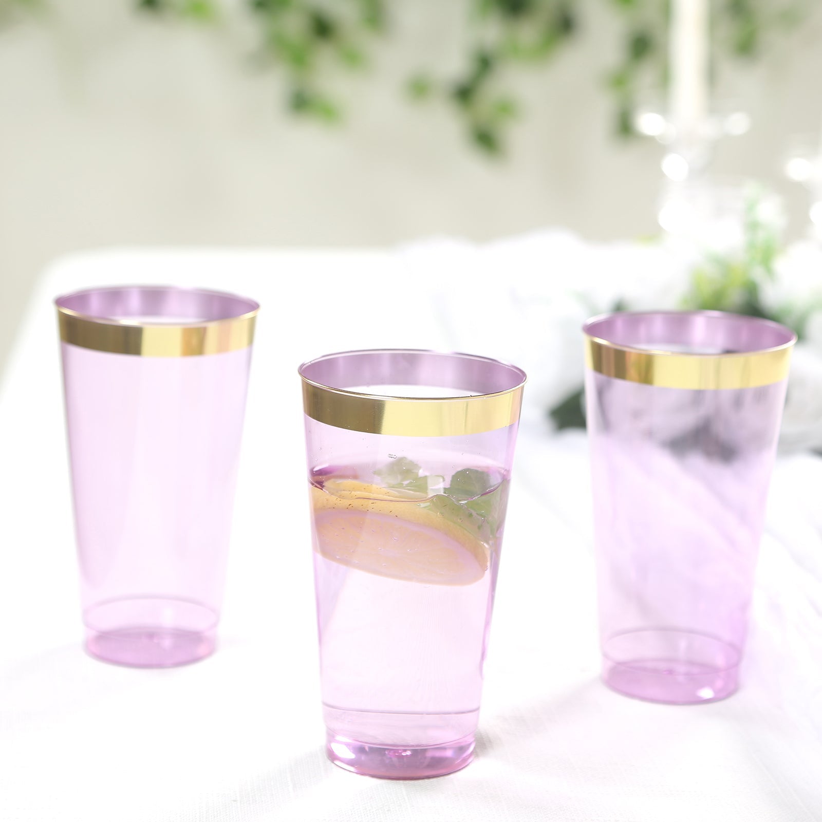 12-Pack Plastic Party Cups Transparent Purple with Gold Rim - Durable Disposable Tumblers for Drinks 17oz 5.5