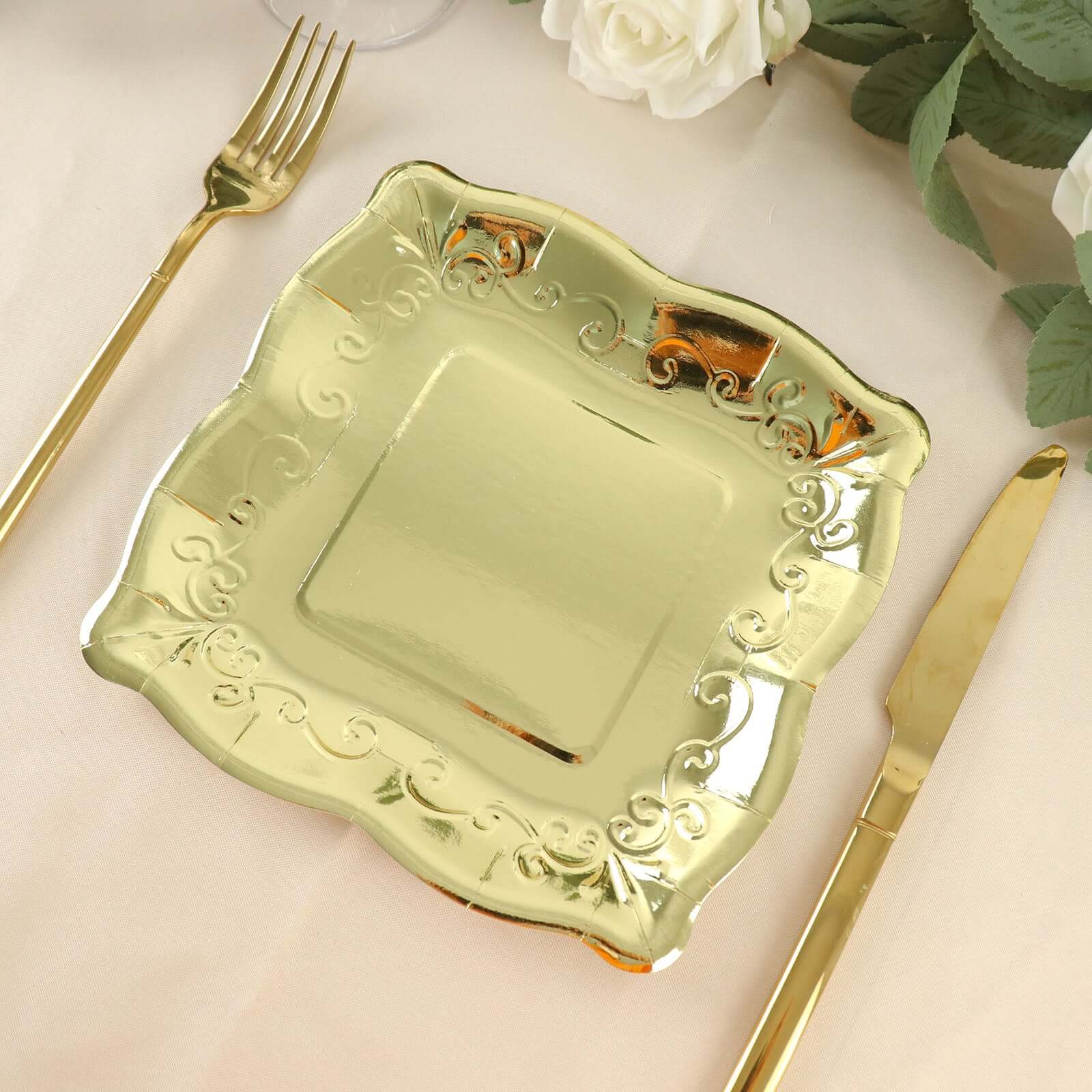 25-Pack Paper 7 Square Dessert Plates in Gold with Vintage Pottery Embossed Design - Shiny Metallic Disposable Appetizer Plates for Luxe Gatherings & Celebrations