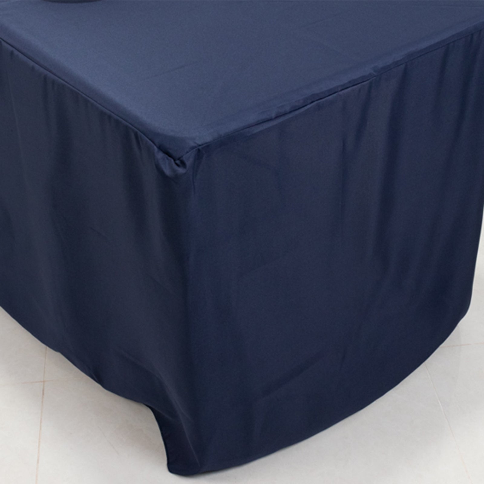 Fitted Polyester 96x30 Rectangle Tablecloth Navy Blue with Open Back Design - Easy to Maintain and Wrinkle-Resistant Table Cover for Trade Shows & Displays