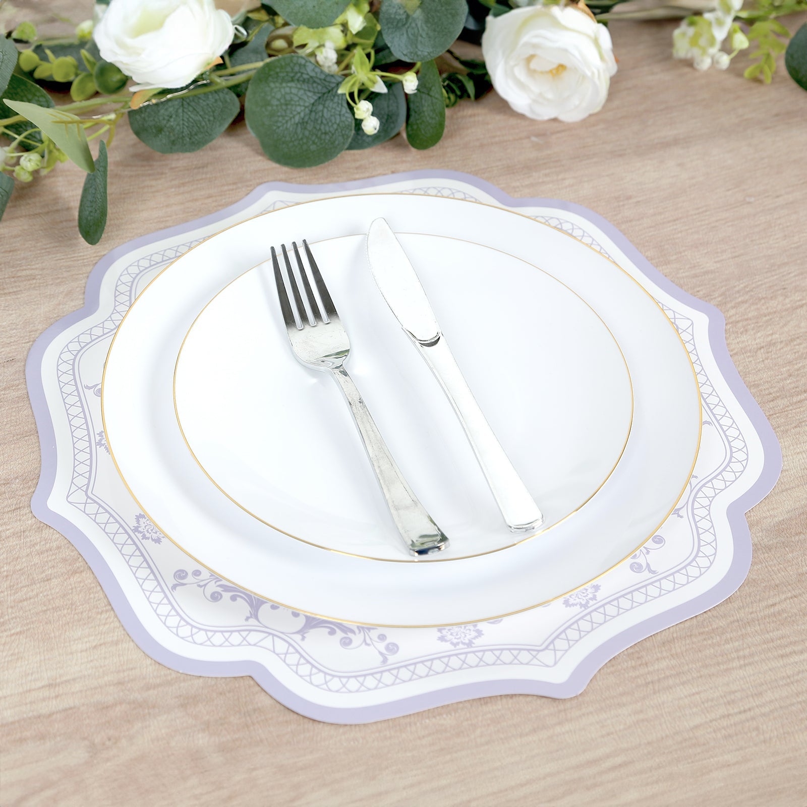 10-Pack Disposable Table Placemats 13 Round Placemats in White with Lavender French Toile Pattern & Scalloped Rim - 400GSM Cardboard Placemats for Stylish Table Setting