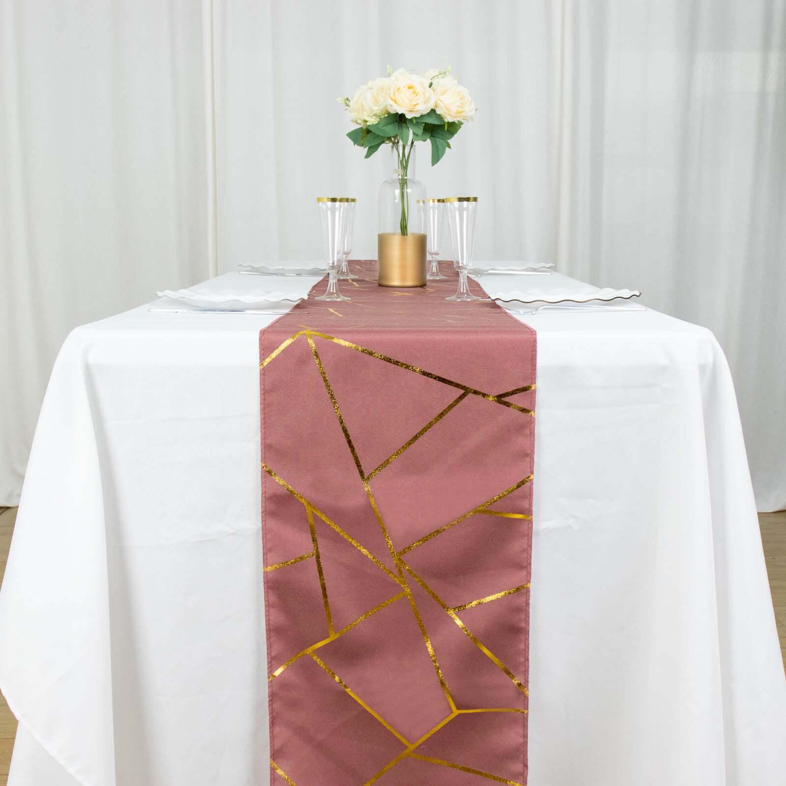 Polyester 9ft Table Runner Cinnamon Rose with Gold Foil Modern Geometric Accent