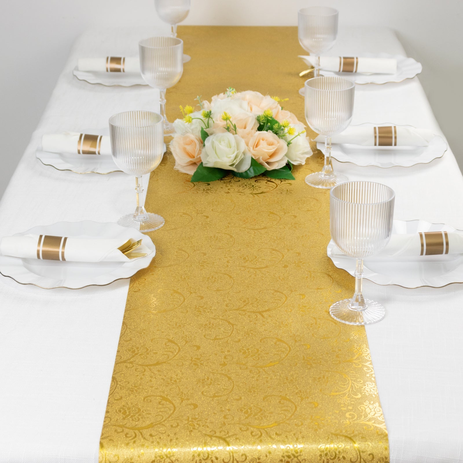 5 Pack Gold Glitter Paper Table Runners with Vintage Floral Vine Pattern - 10ft Disposable Wedding & Party Table Runners