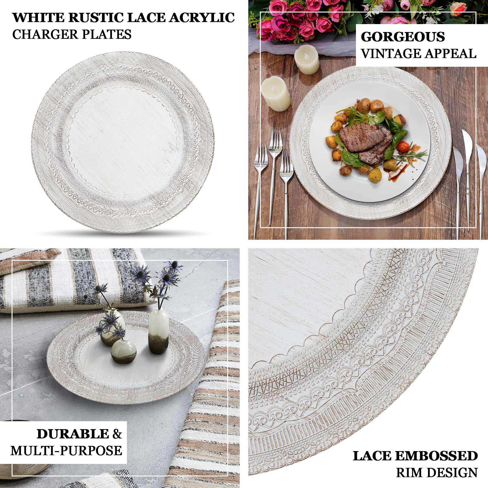 6-Pack Acrylic Round Charger Plates 13 in Gold with Lace Embossed Rim, Rustic Plastic Decorative Charger Tableware