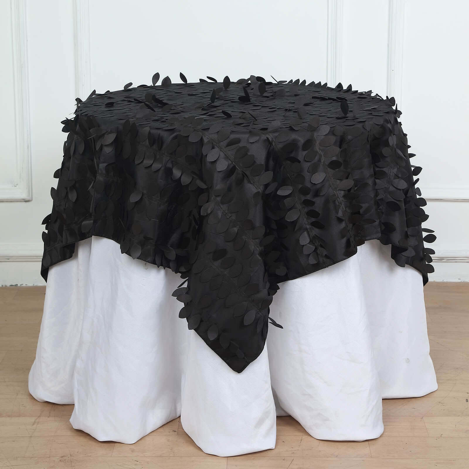 Taffeta 54x54 Table Overlay Square Tablecloth Black 3D Leaf Petal Table Cover