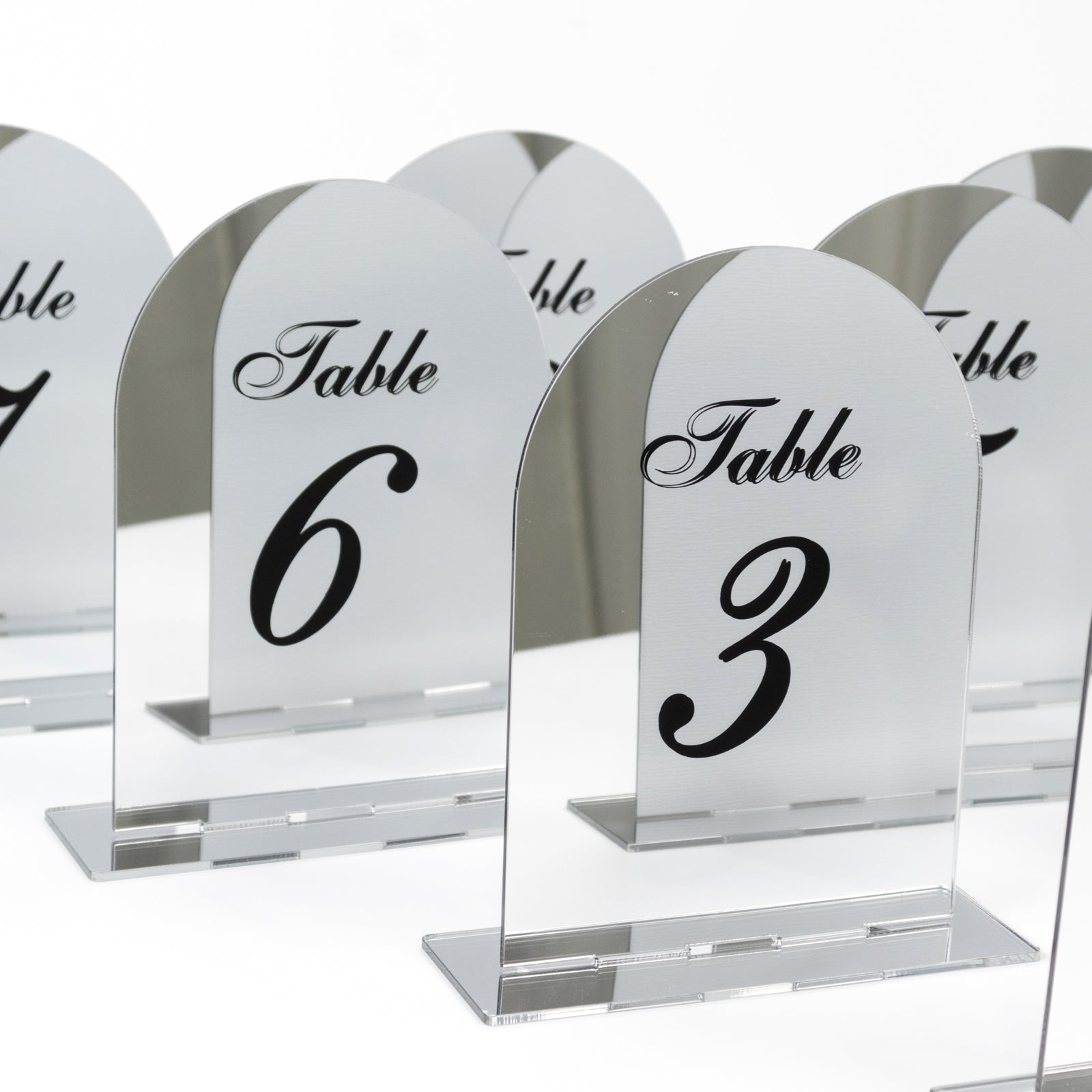 Silver Mirror Arch Acrylic Table Numbers (1-10) - 6x7 Wedding Reception Signs with Black Print & Stands