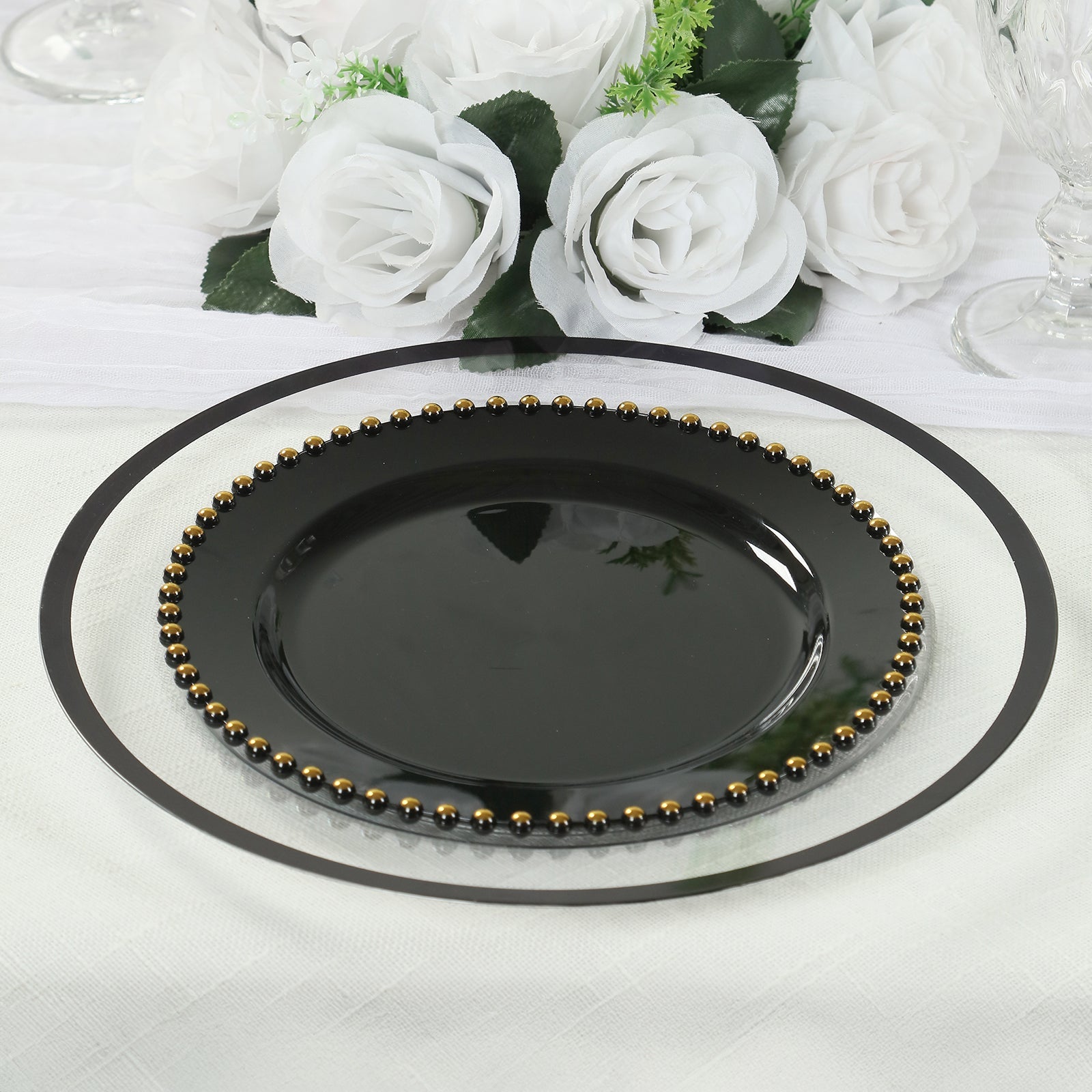 10-Pack Plastic 10 Round Dinner Plates in Black with Gold Beaded Rim - Disposable Party Plates for Banquets & Festive Occasions