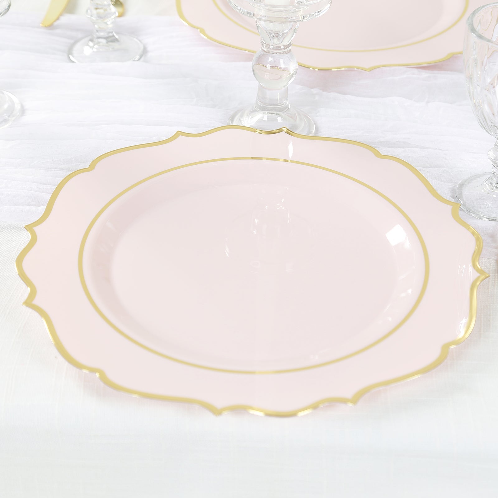 10-Pack Economy Plastic Round Charger Plates 13 in Blush with Gold Scalloped Rim, Decorative Dinner Party Serving Plates