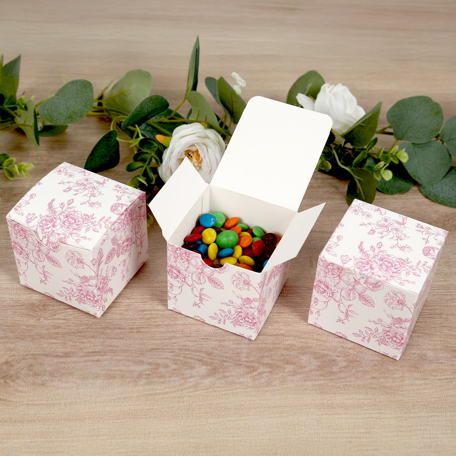 25 Pack Candy Treat Favor Boxes in French Toile Pattern - Matte Pink and White Party Gift Boxes, Cardstock Paper - 3x3