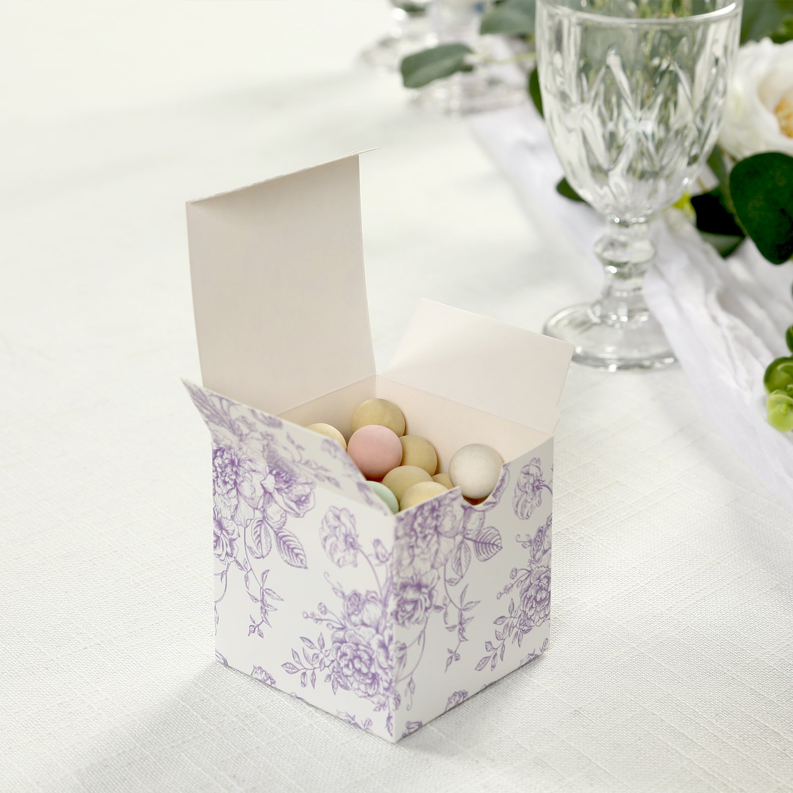25 Pack Candy Treat Favor Boxes in French Toile Pattern - Matte Lavender and White Party Gift Boxes, Cardstock Paper - 3x3