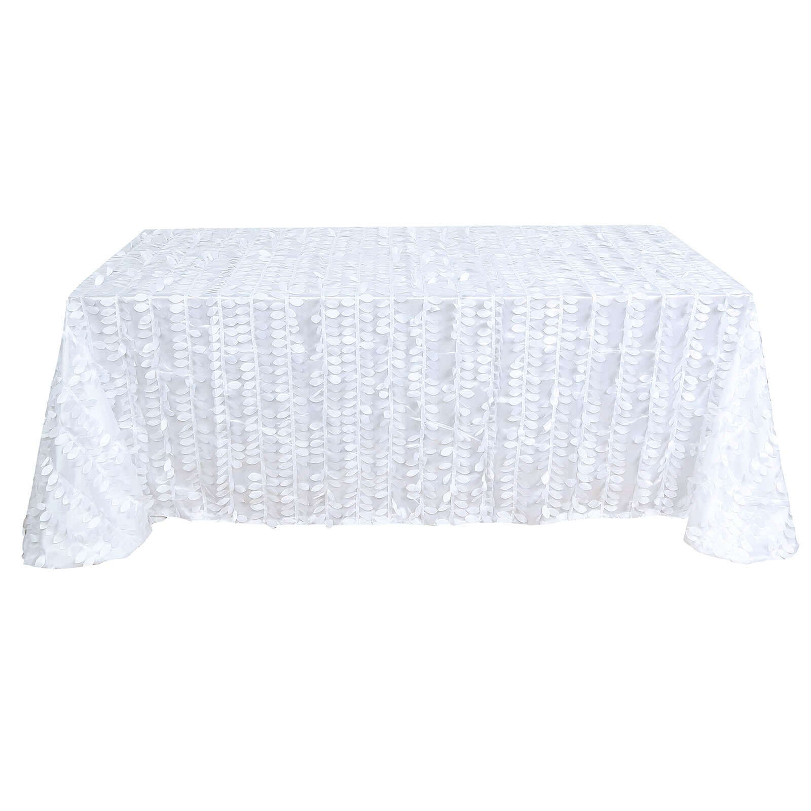 Taffeta 90x156 Rectangle Tablecloth White | 3D Leaf Petal Design Seamless Table Cover for Stylish Wedding & Event Decor