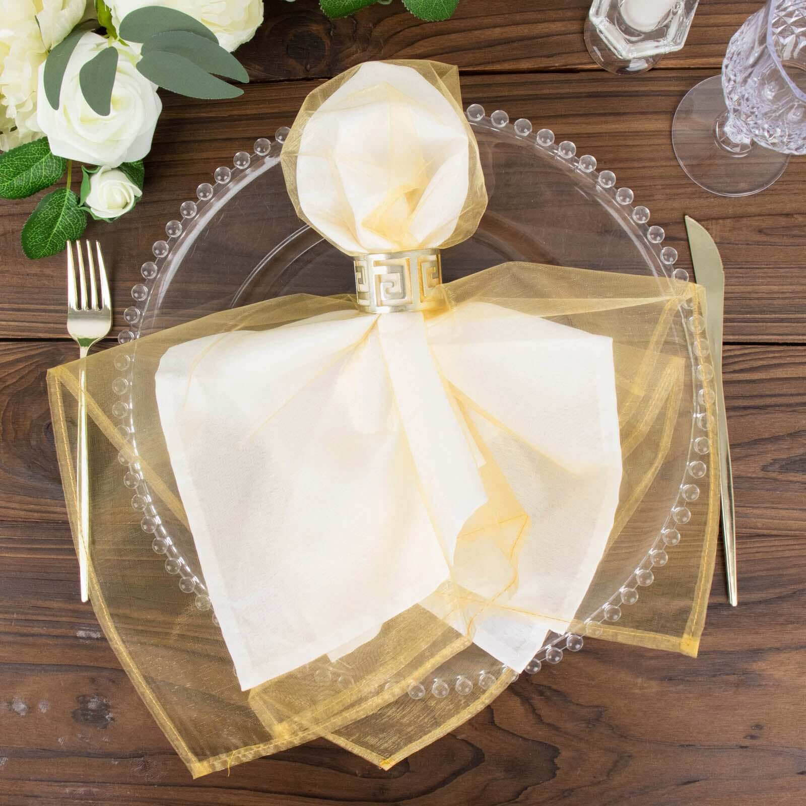 10 Pack Organza 23x23 Napkins Gold - Exquisite Sheer Cloth Napkins for Formal & Casual Events