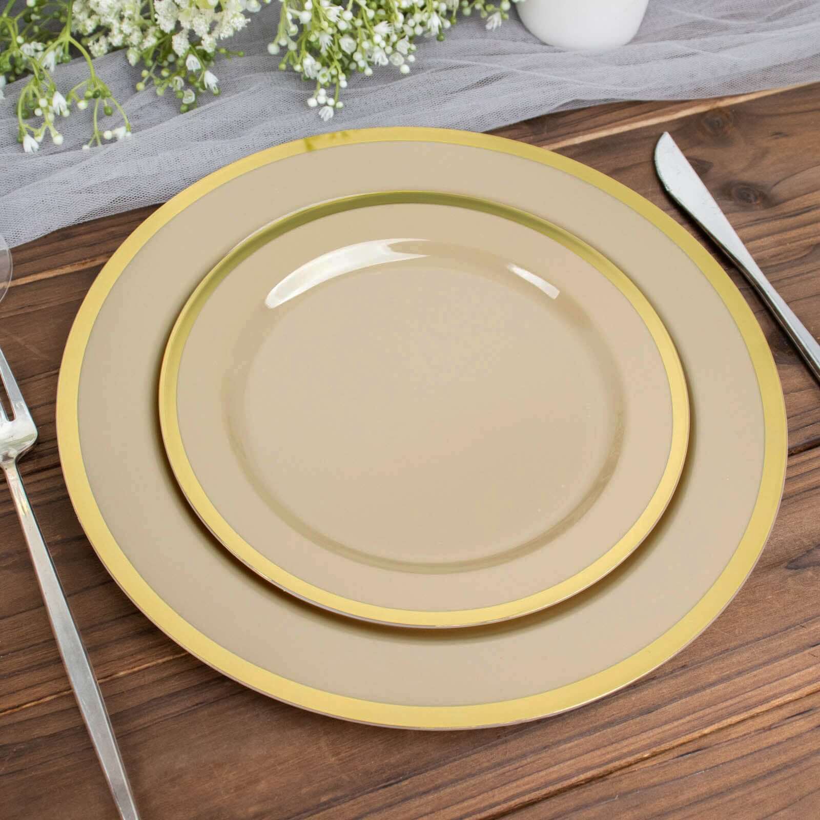 10-Pack Plastic 7 Round Appetizer Plates in Taupe with Gold Rim - Sleek Disposable Salad Plates for Banquets & Special Occasions