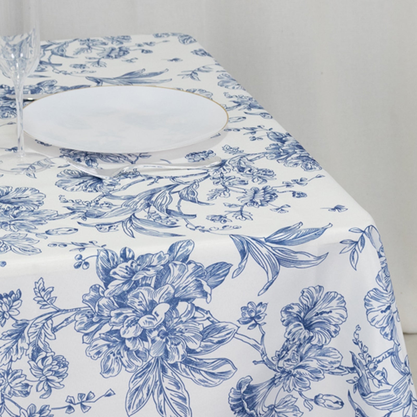 Polyester 70x70 Square Tablecloth White - Blue French Toile Pattern for Sophisticated Settings